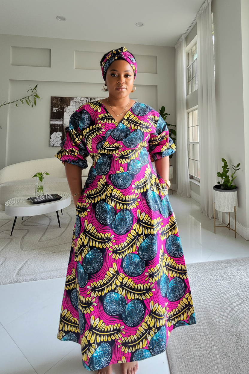 746 Wrap Dress With Puffed Sleeves Print Pink Floral