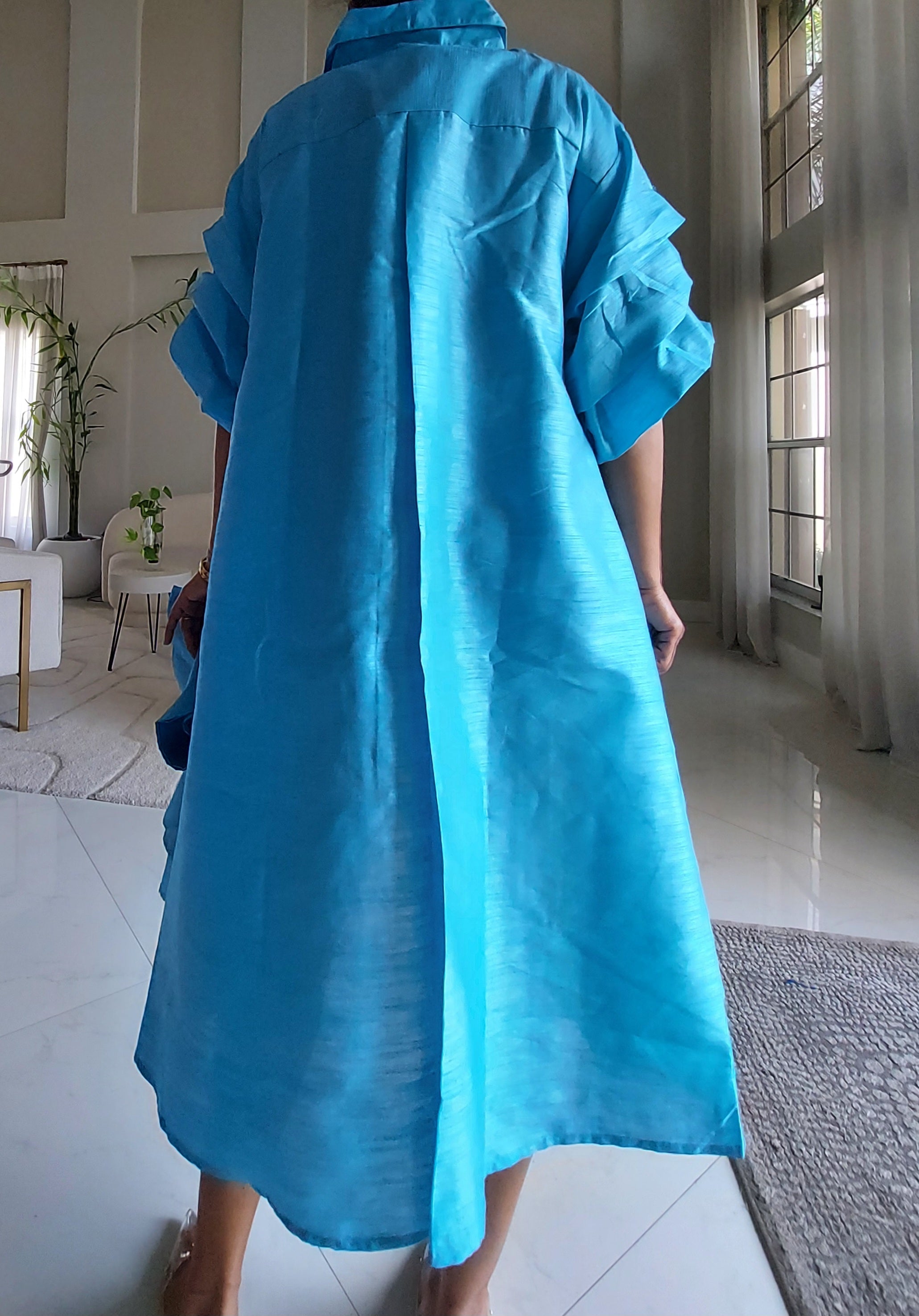 Swing Dress/ Faux Silk/ Ruffle Sleeve - 758 Light Blue