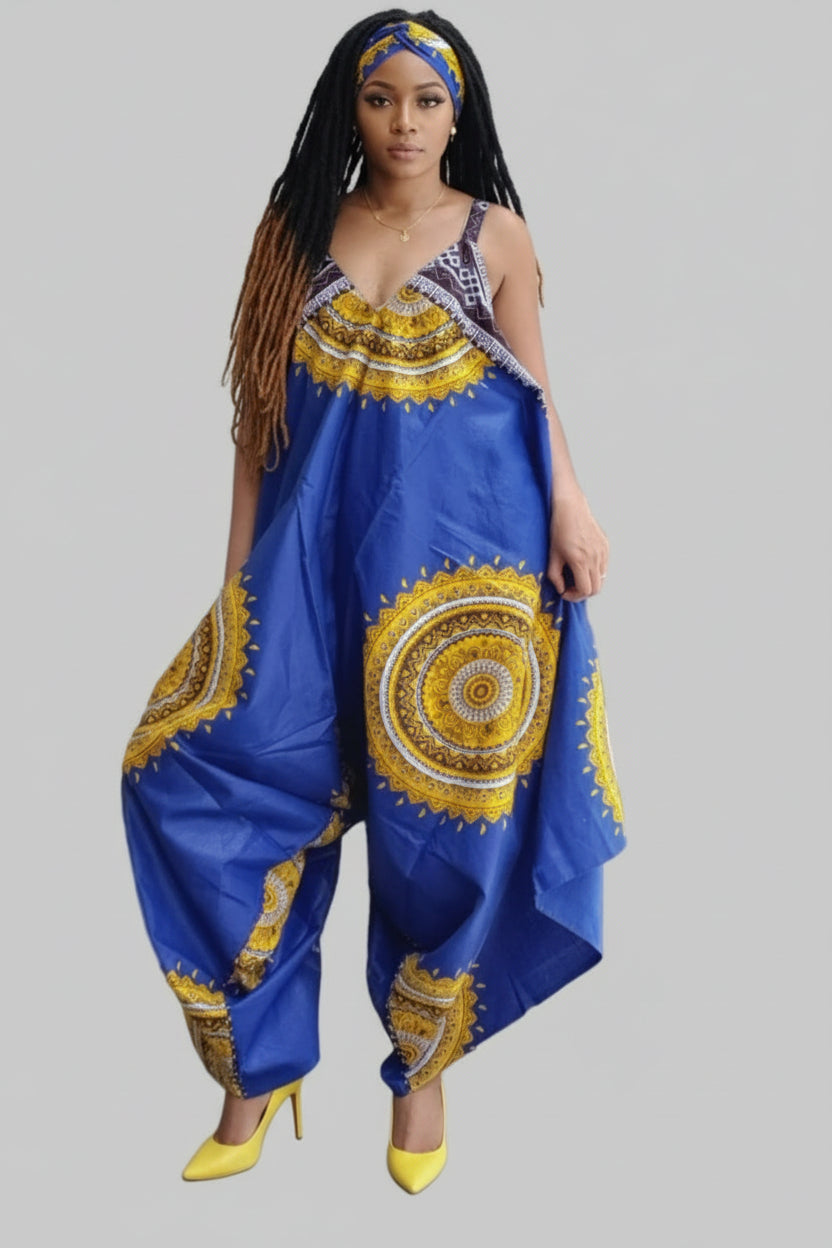 Haren Romper/ Spagetti Straps/ Printed- Royal Blue/Gold
