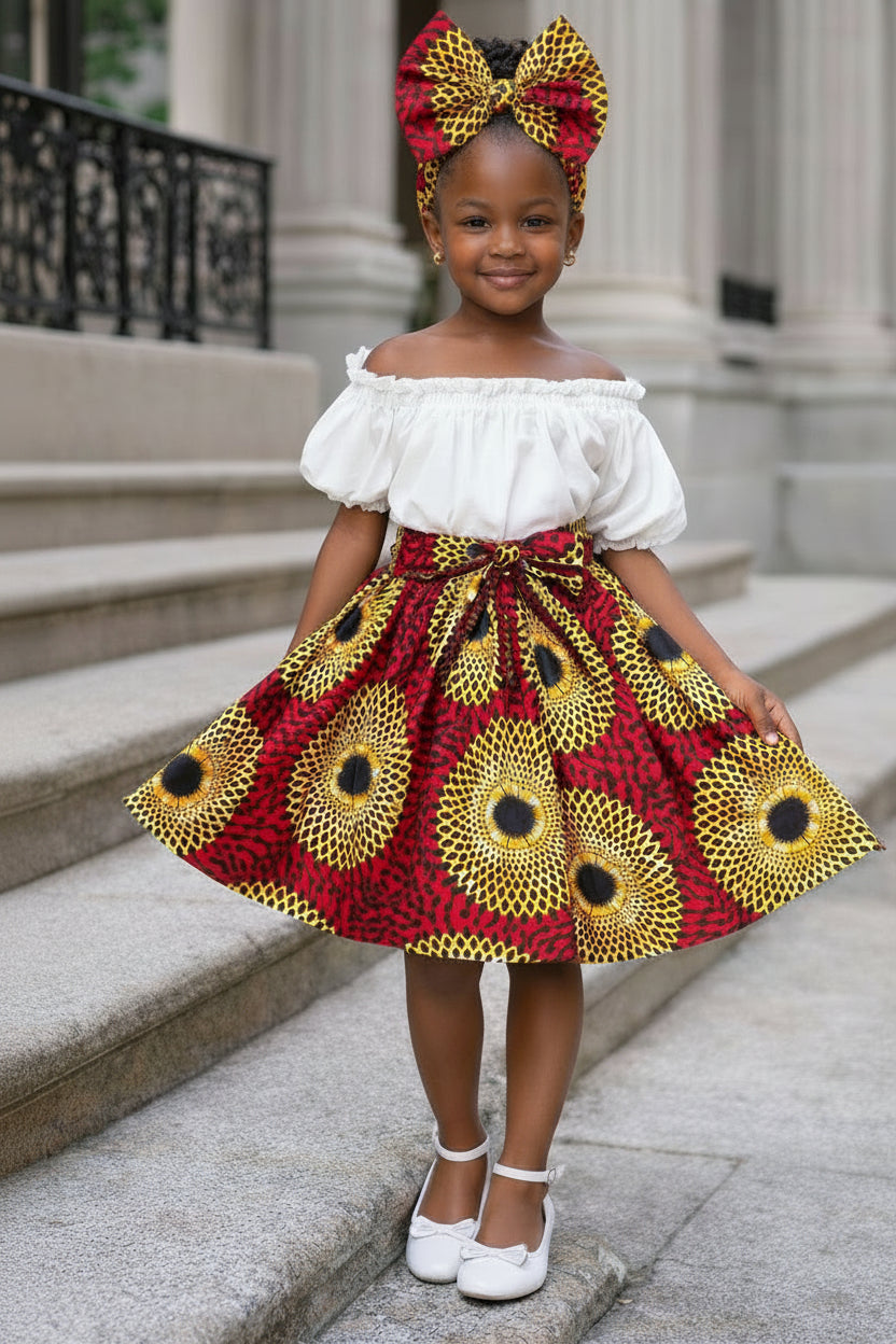 Little Girls Skirt & Head Bow Set-Kids Red Sunburst K05