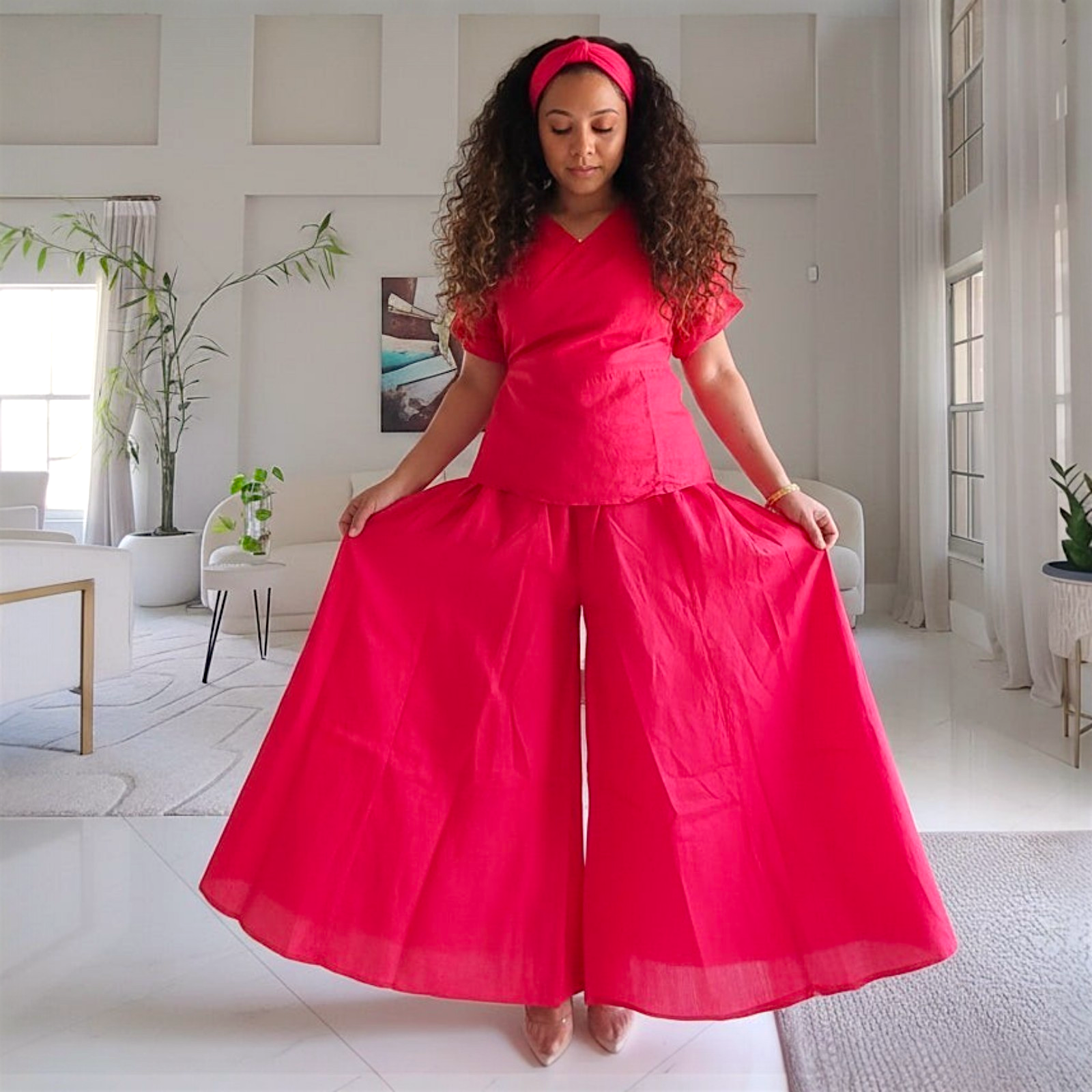 Faux Silk Palazzo Pant Set - Red 4196