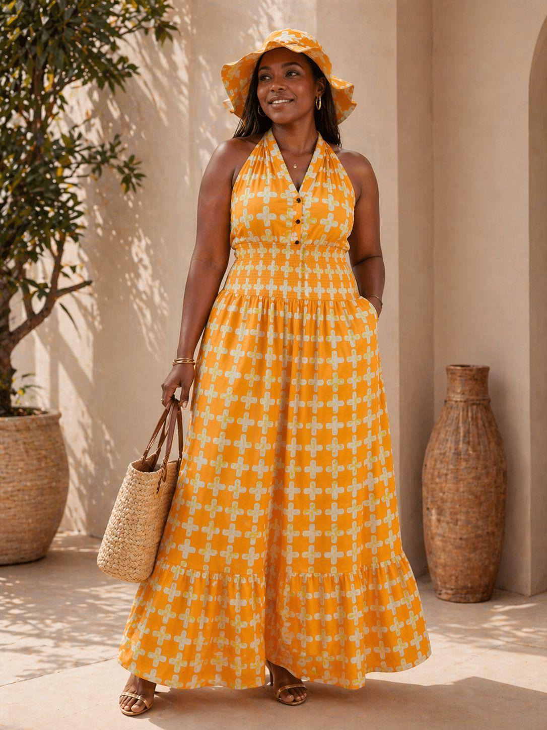 Long Dress With Hat KVZ90-5 Yellow Polkadot