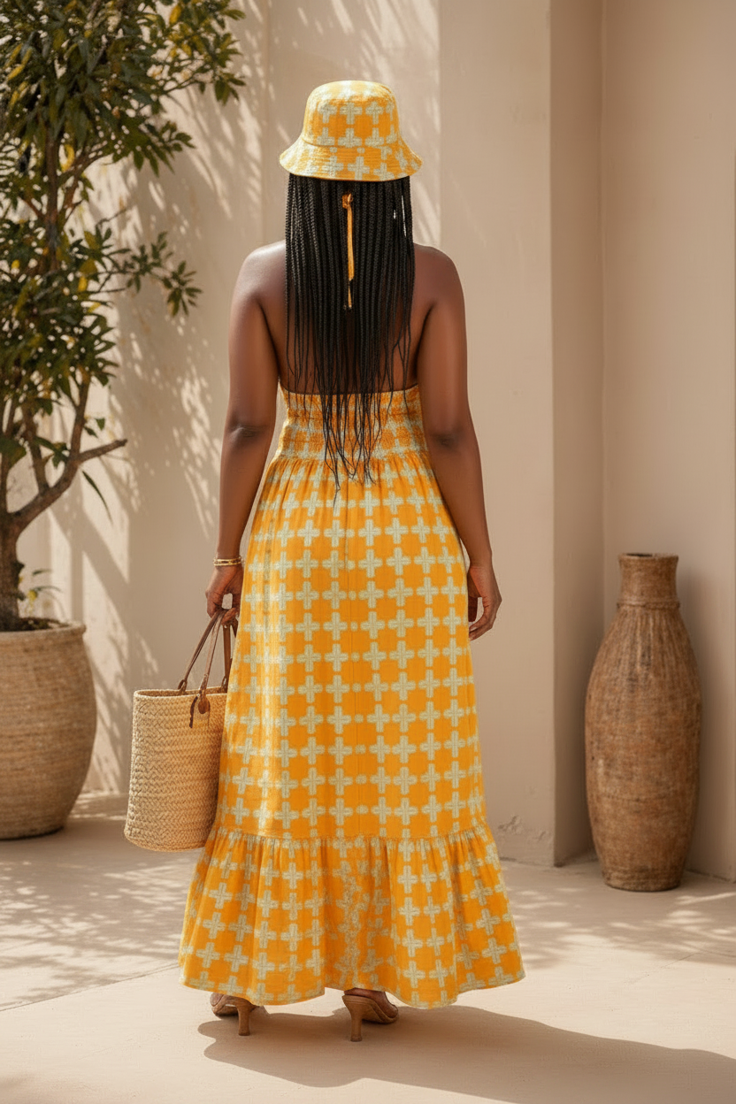 Long Dress With Hat KVZ90-5 Yellow Polkadot