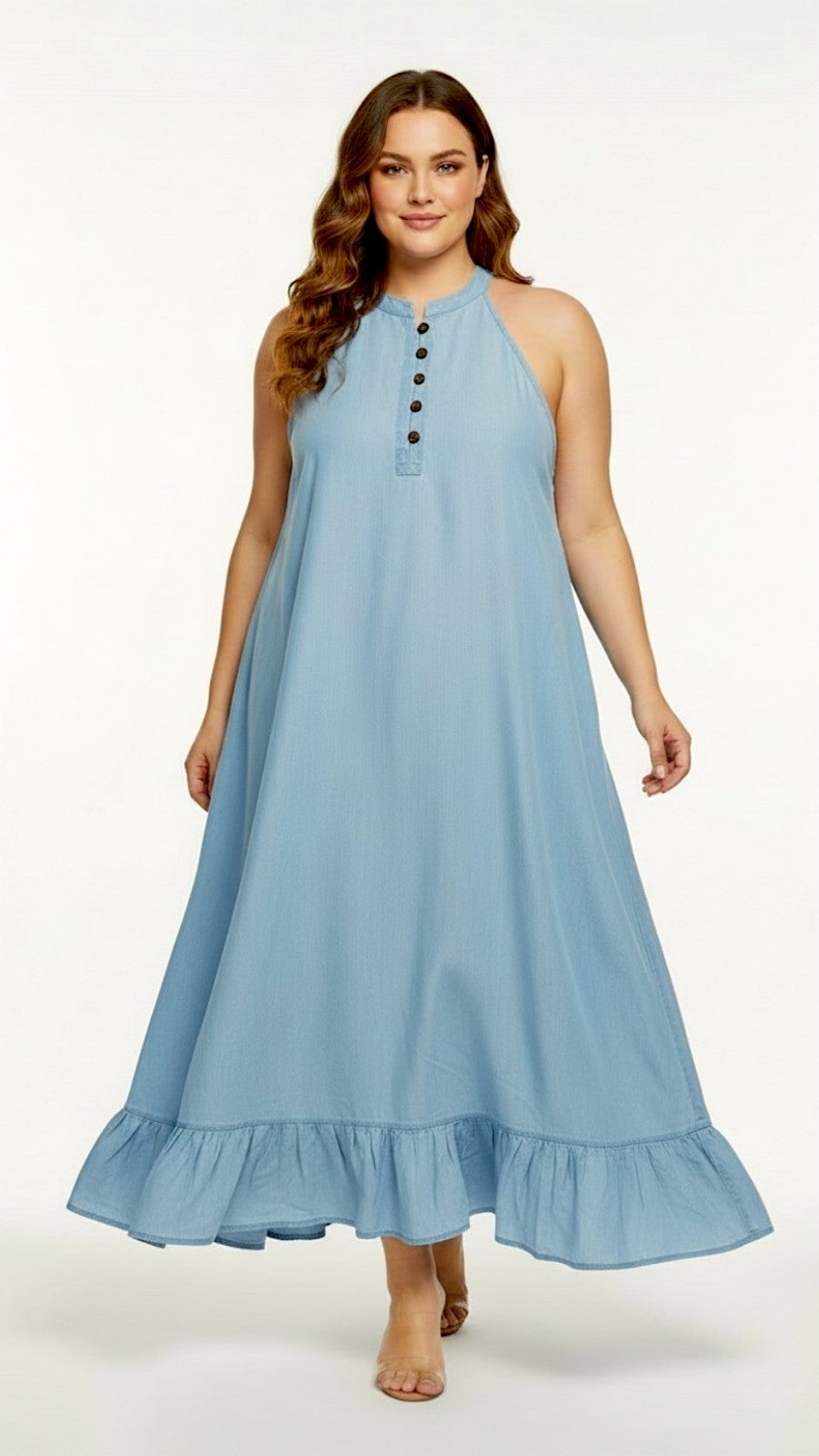 Haltered Neck Botton Long Dress 795 Light Denim