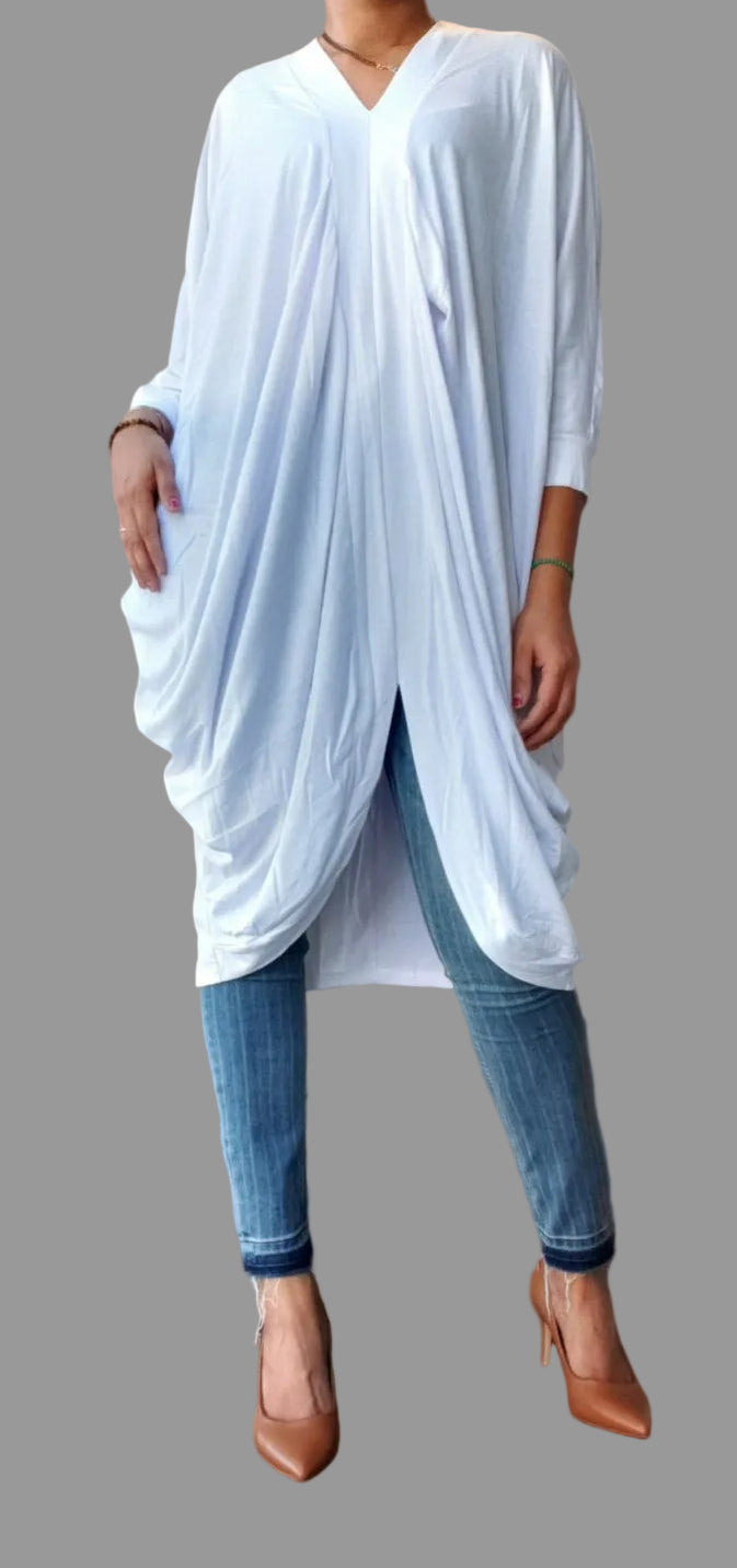 White Jersey Caftan Dress | Pleated V-Neck Resort Bubu AA18809