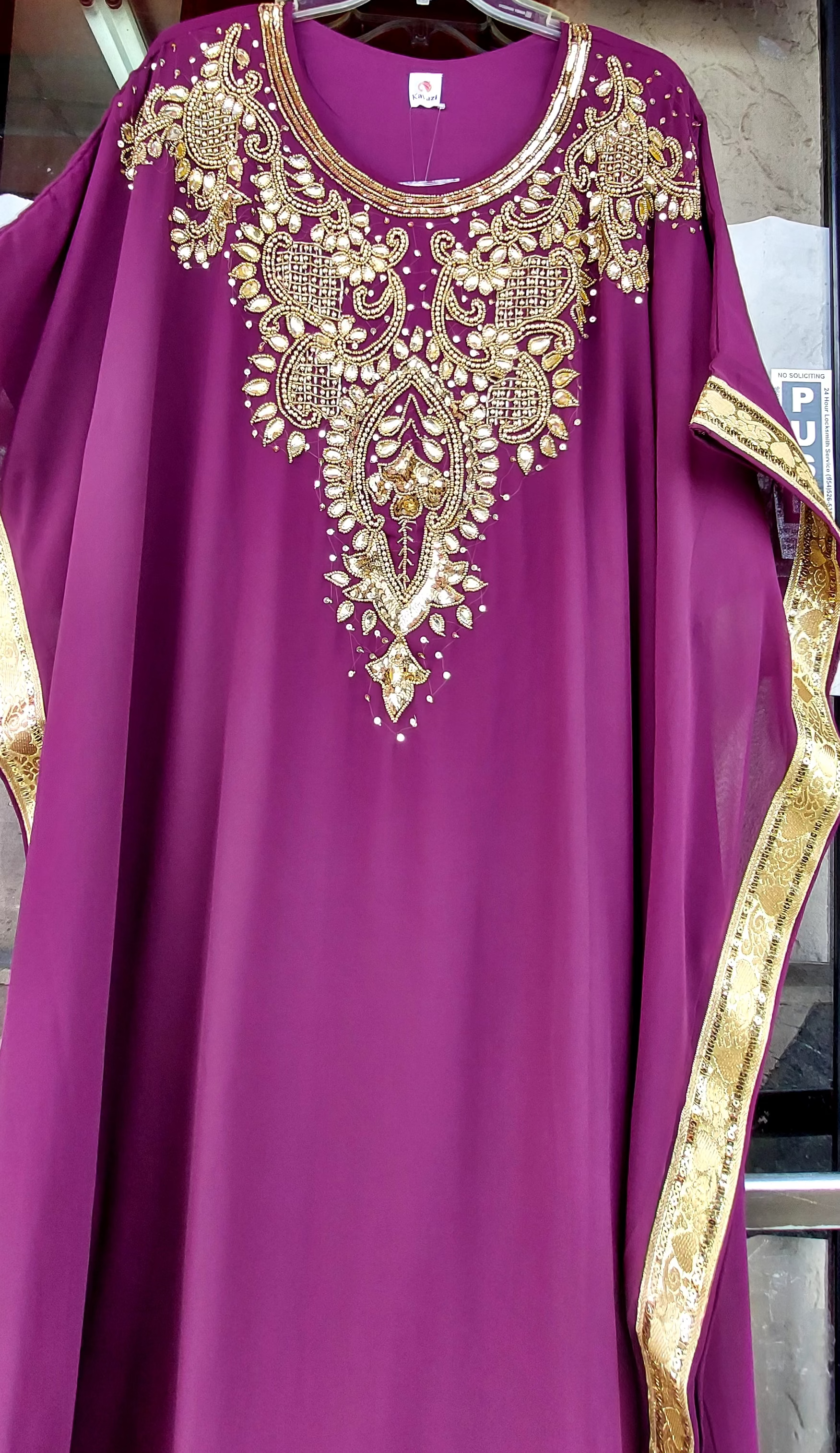 Beaded kaftan Dress With Gold Border Burgundy 103