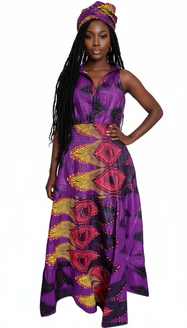 Smocked Halter Dress With Scarf Purple Peacock- 3028L