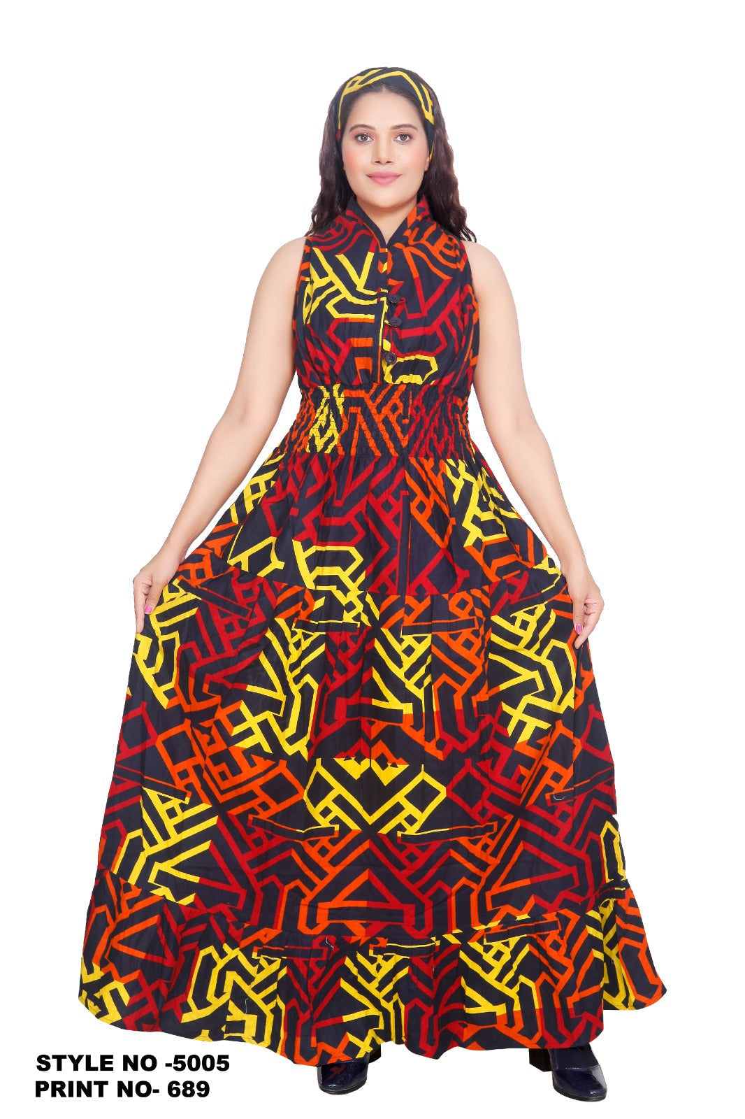 Long Smocked Dress With Scarf 5005 - 689