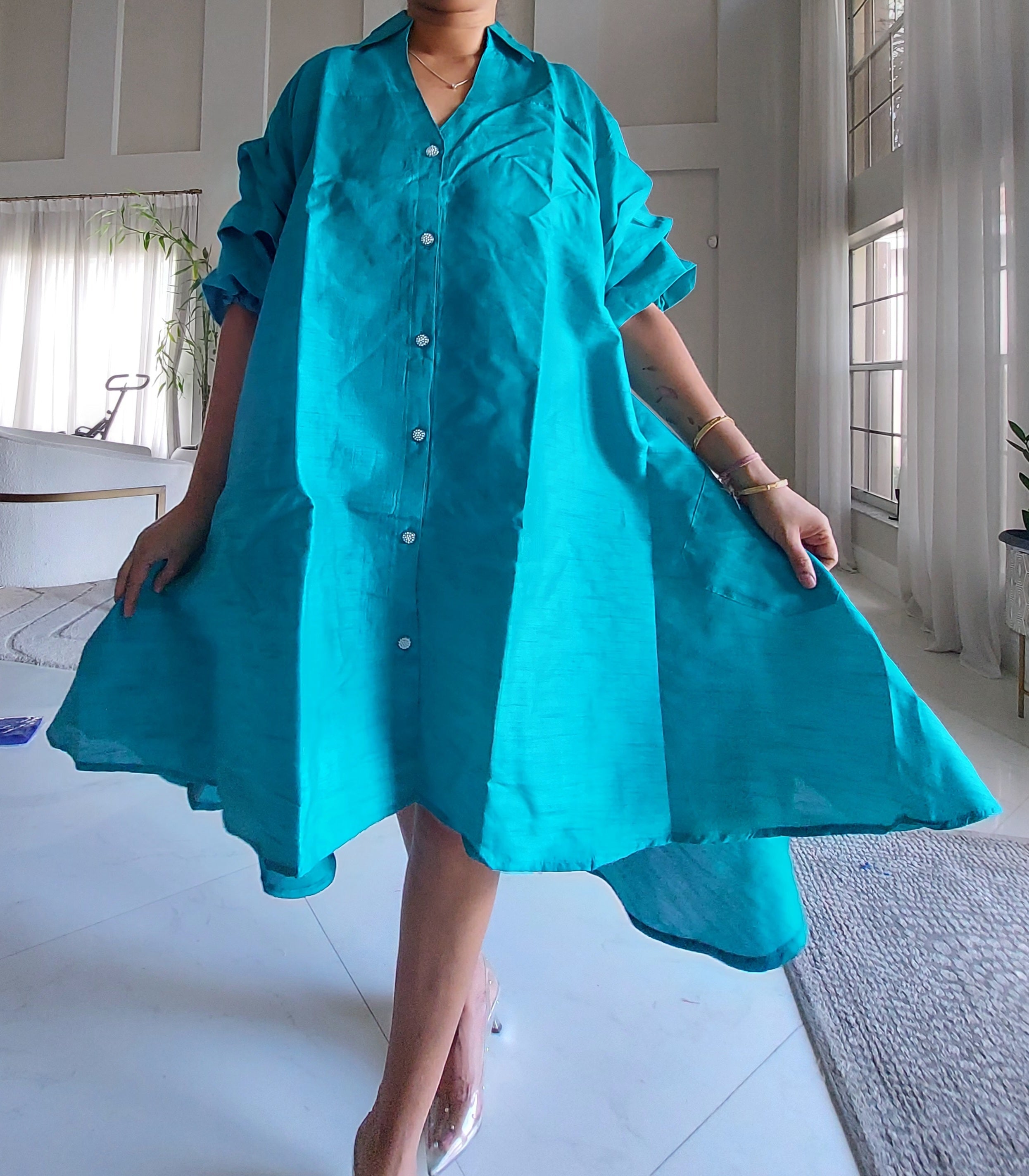 Swing Dress/ Faux Silk/ Ruffle Sleeve - 758