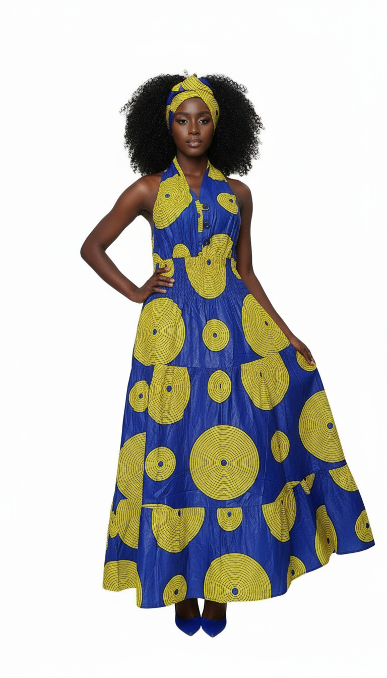 Smocked Halter Dress With Scarf Yellow Circle- 3028L