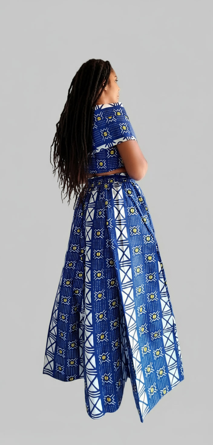 Woman Long Printed Maxi Skirt-1350 White/Blue