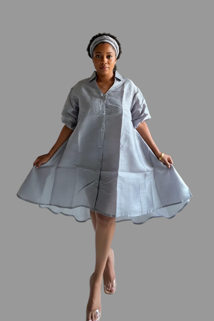 Swing Dress/ Faux Silk/ Ruffle Sleeve / Sparkle Button - 758