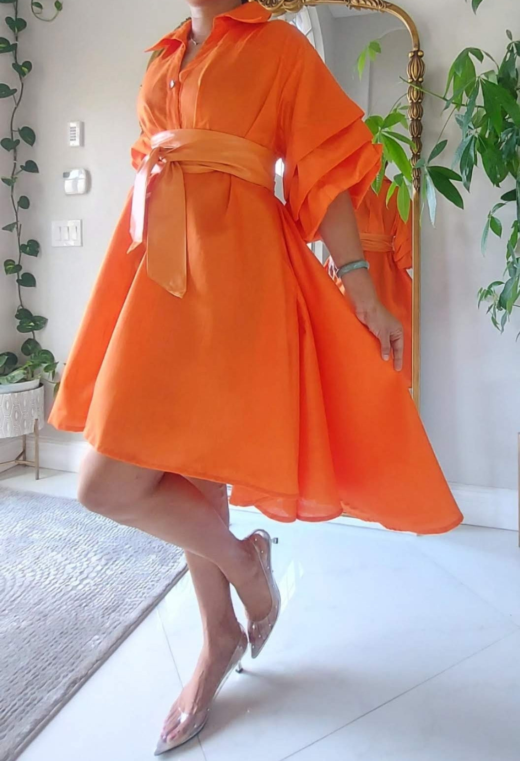 Swing Dress/ Faux Silk/ Ruffle Sleeve - 25013 Orange