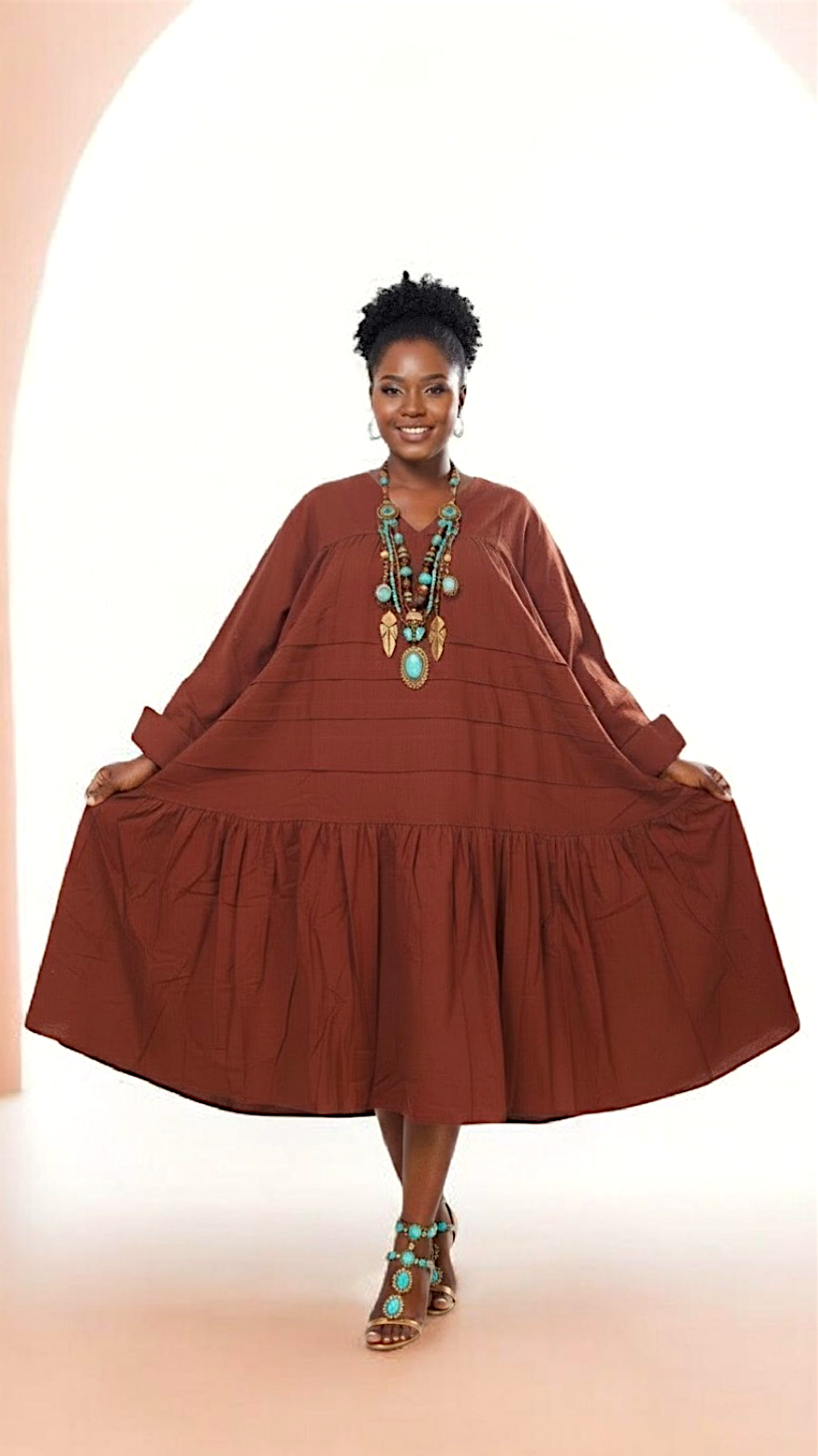 Midi  Solid Dress  Brown -7580