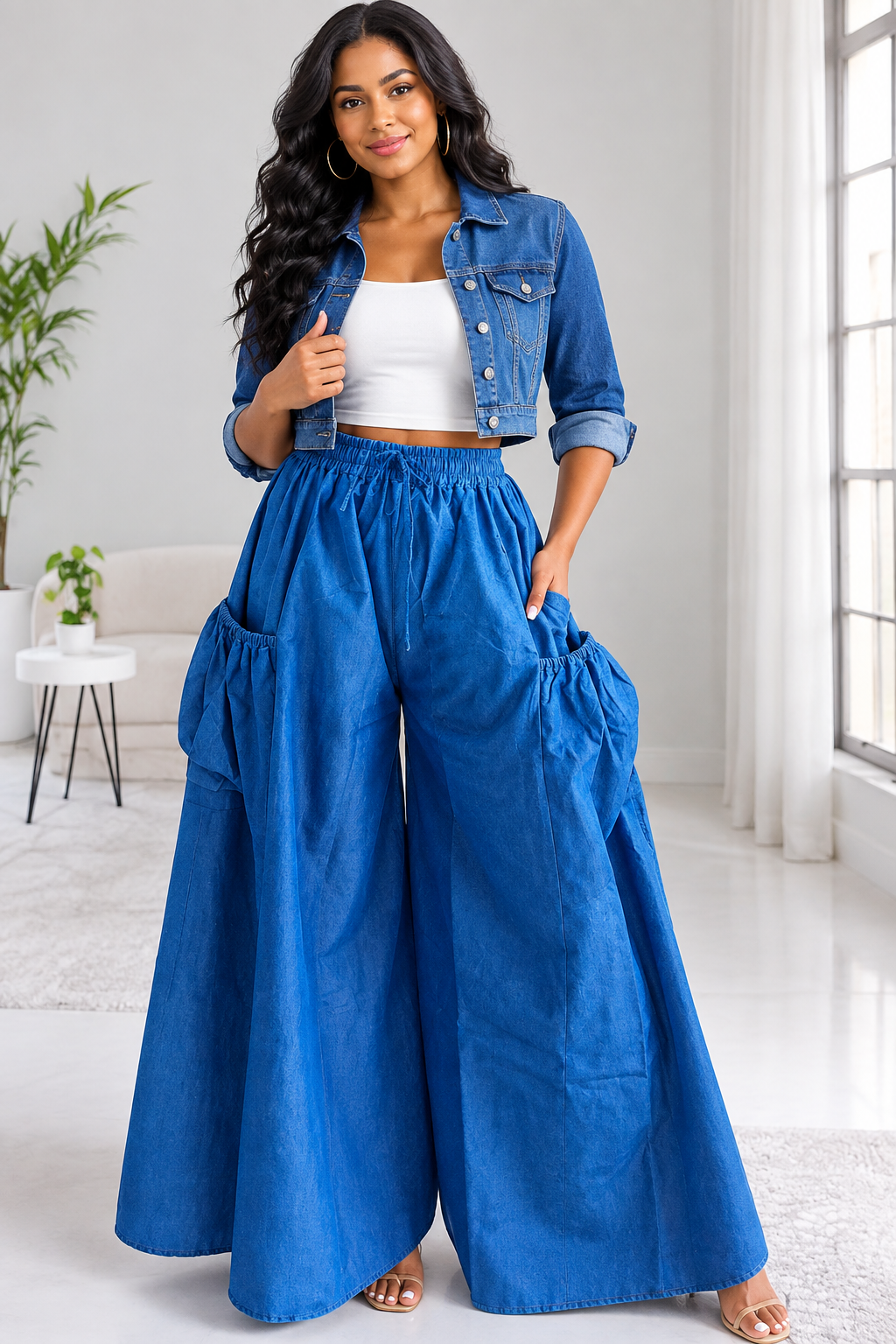 Denim Big Pocket Palazzo Pant - 45 Dark Blue Denim