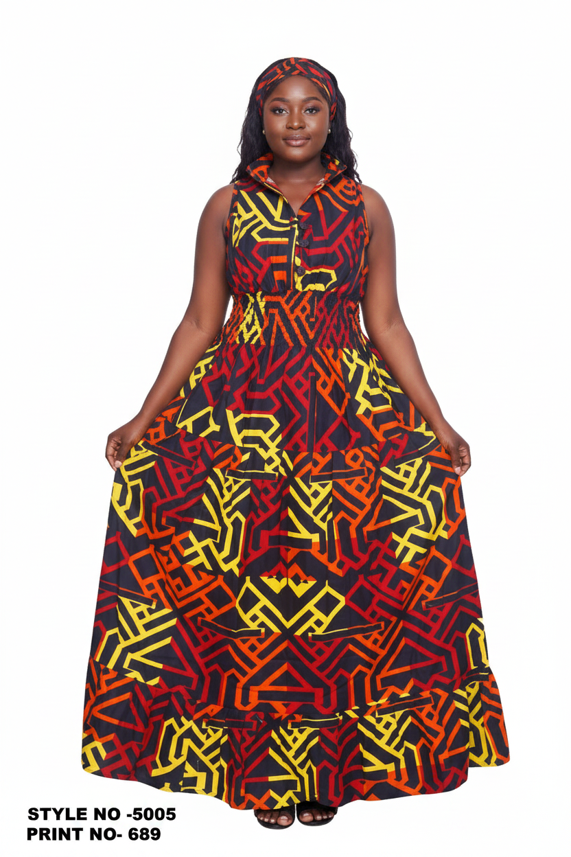 Long Smocked Dress With Scarf 5005 - 689