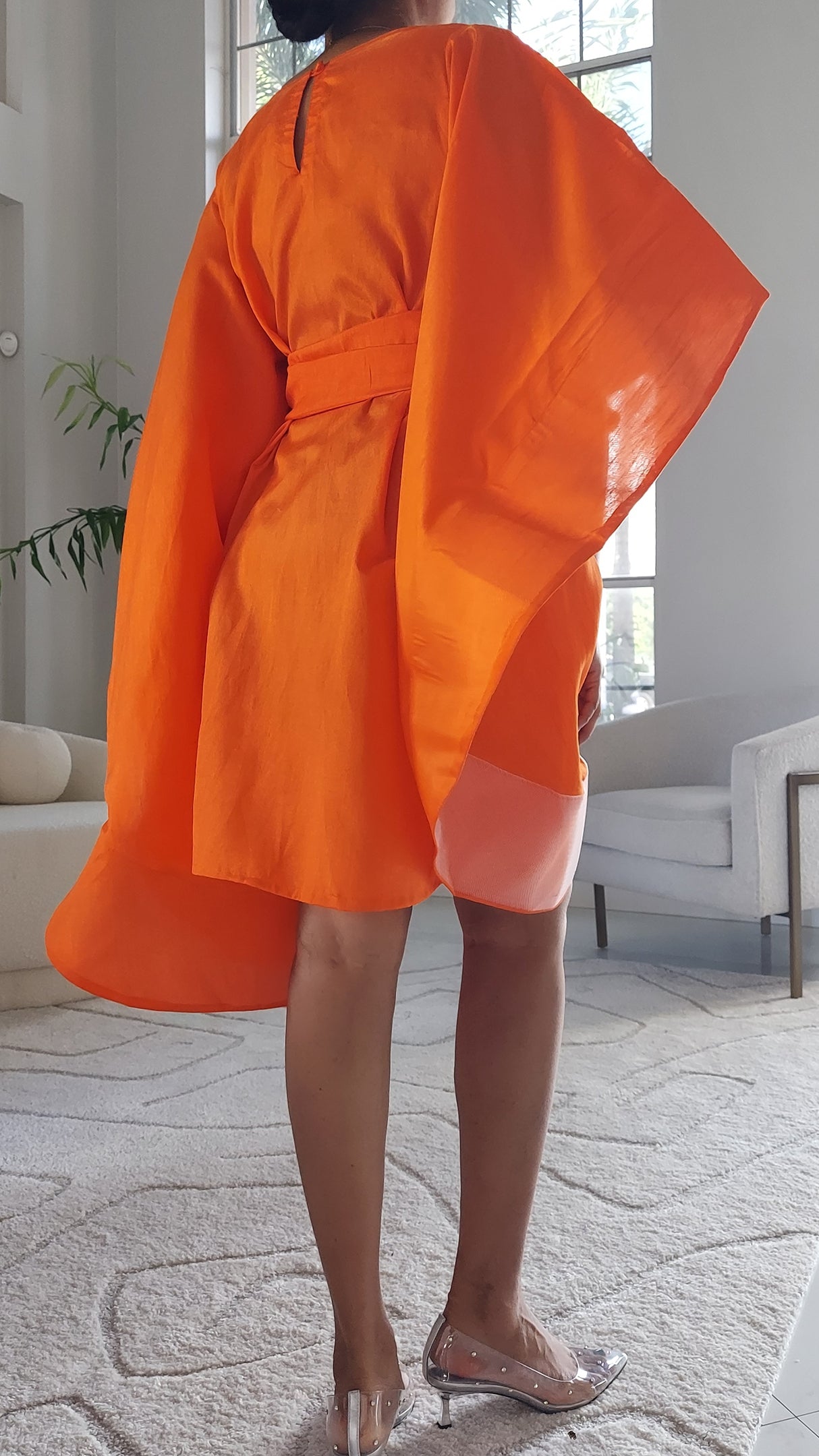 Faux Silk Wing Dress/Poncho Dress/ Wing Sleeves-Orange