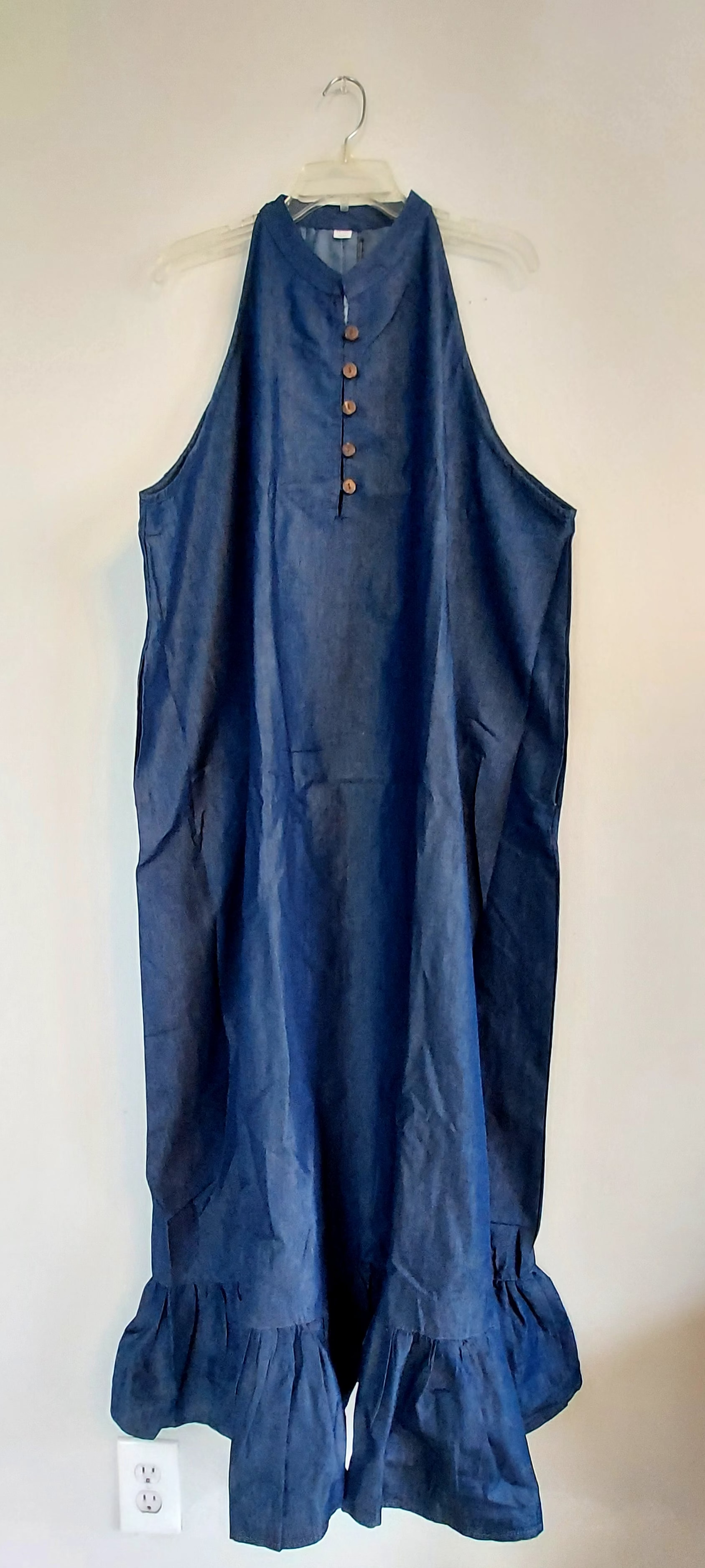 Haltered Neck Button Long Dress 795 Dark Denim