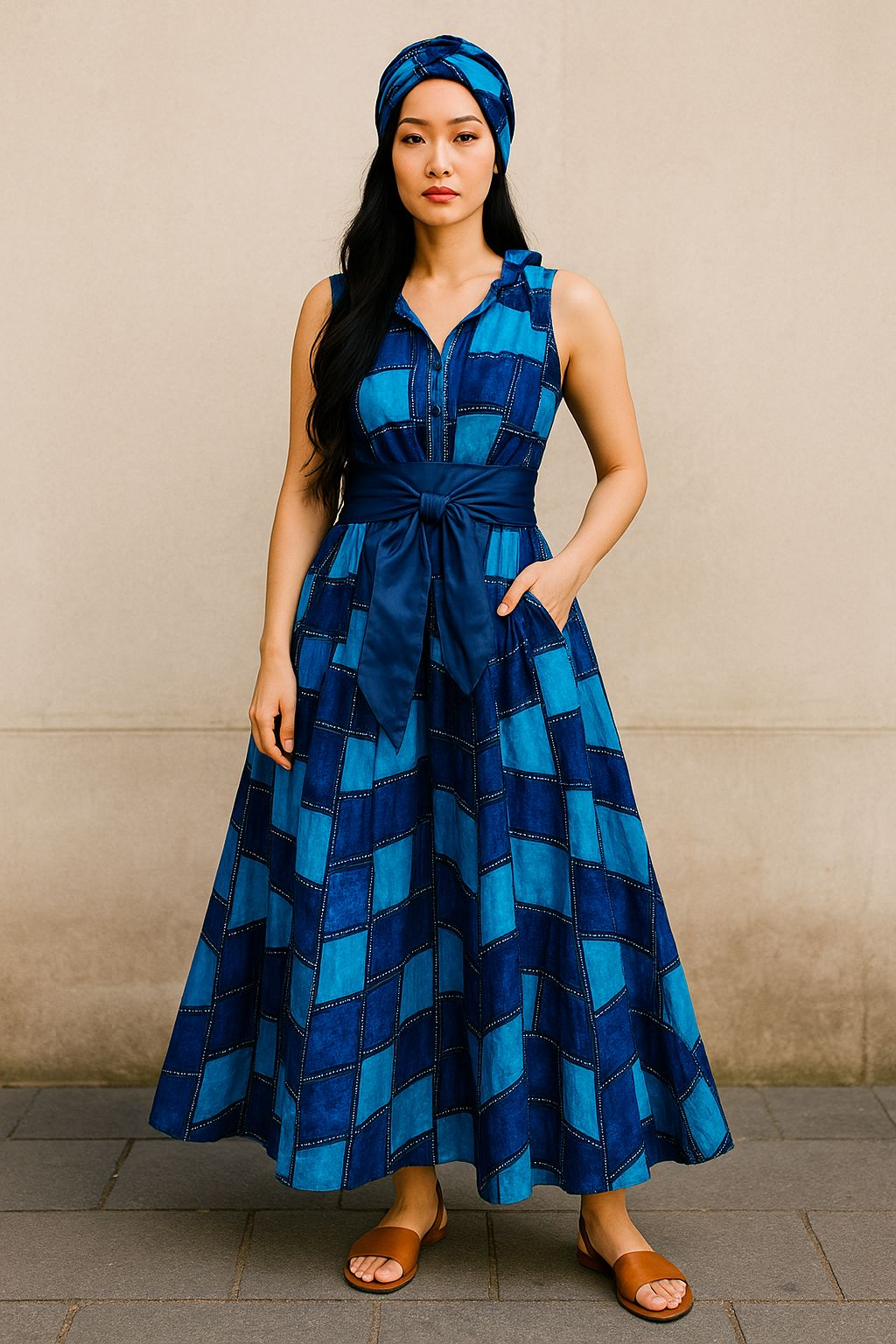 Smocked Halter Dress With Scarf Blue Patch- 3028L
