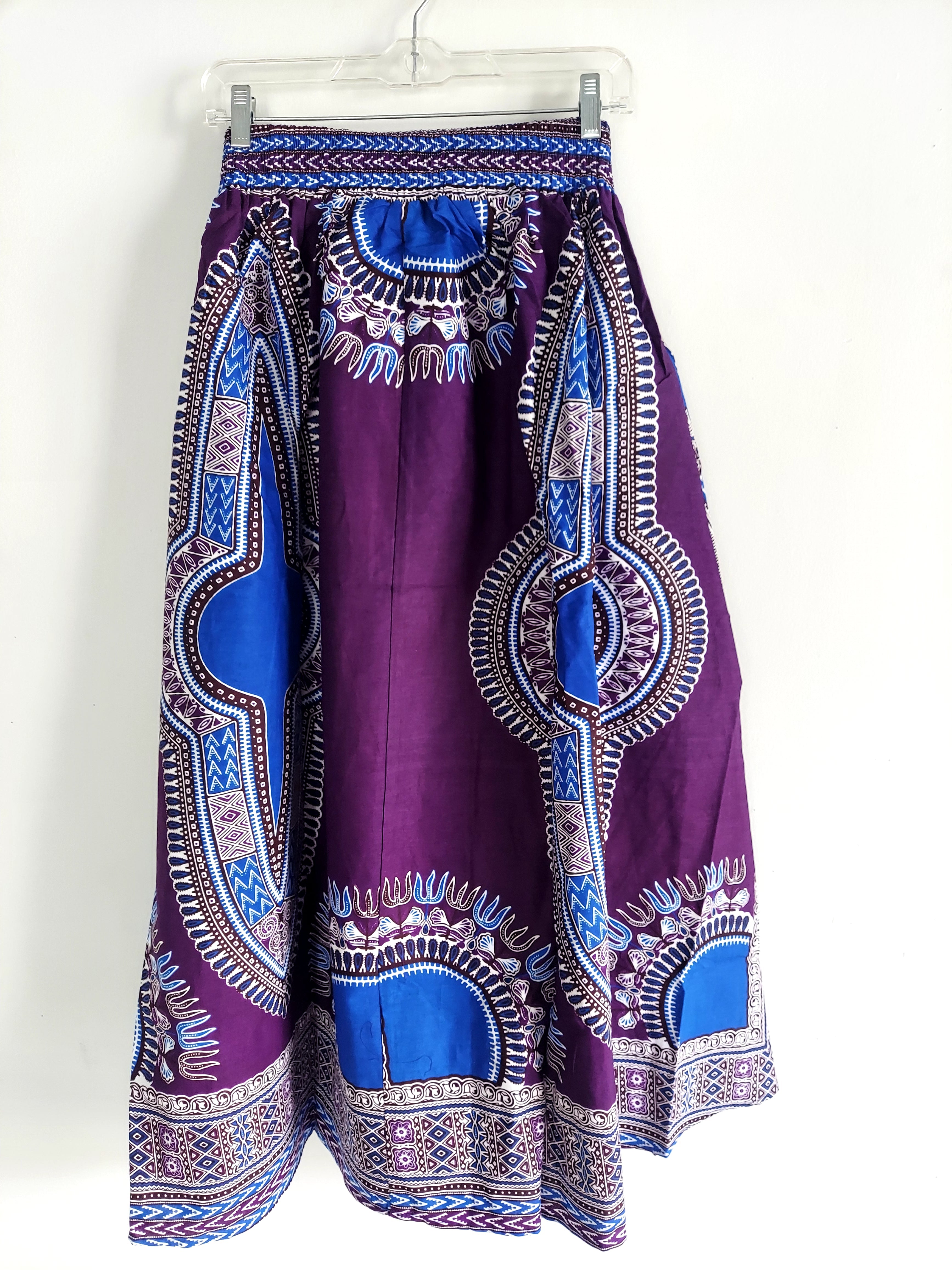 Women Long Dashiki Print Skirt - 6011D Purple/Blue