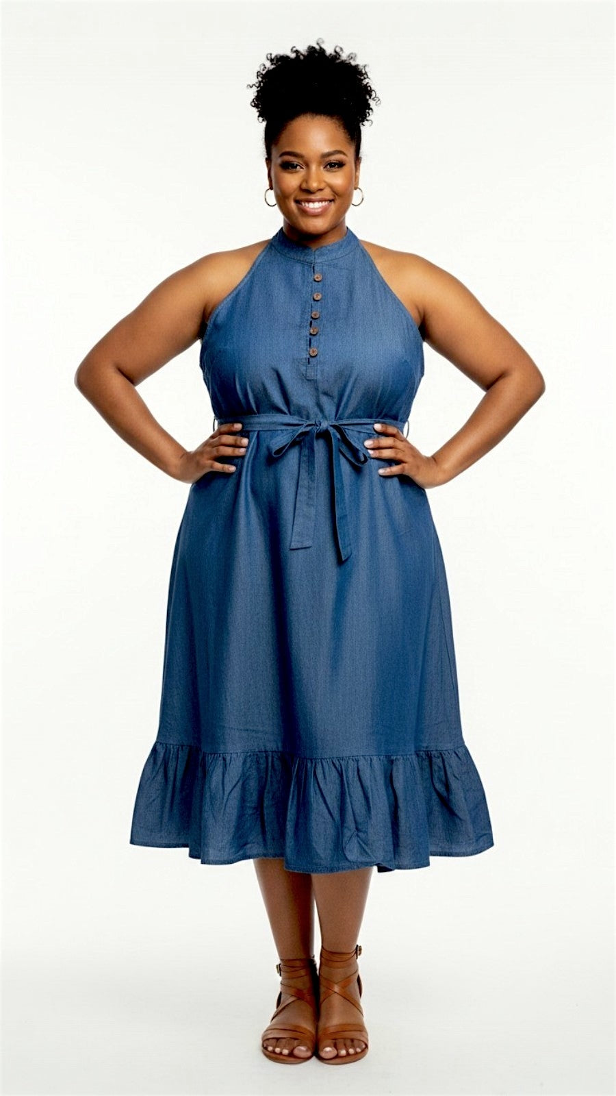 Haltered Neck Bottton Middi Dress 796 Dark Denim