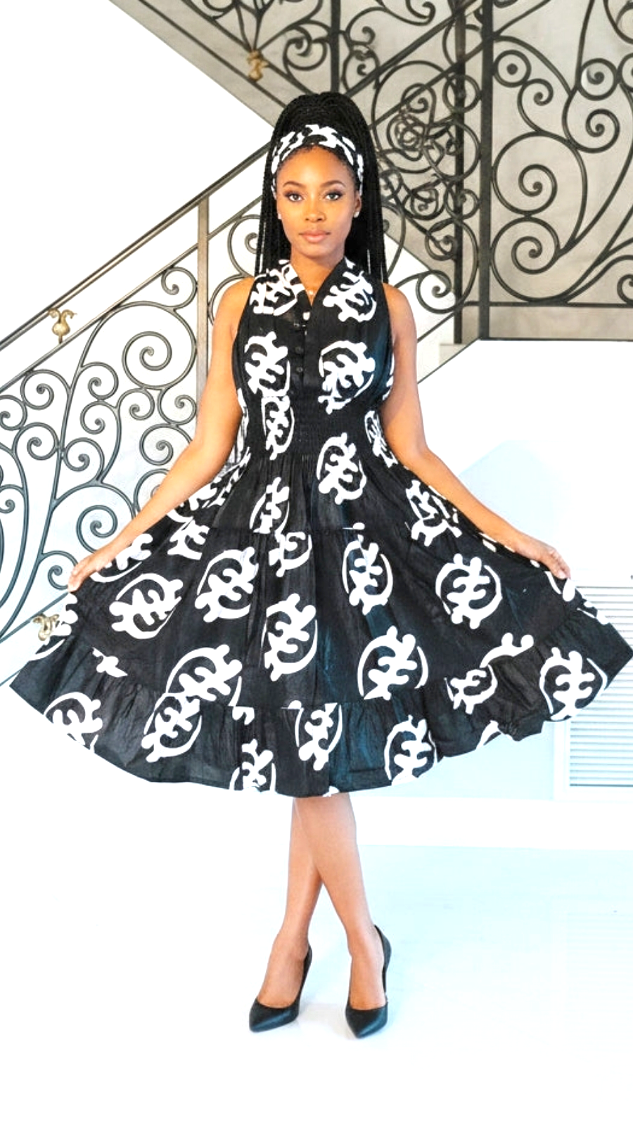 Woman's Mid-Length Smock Dress- 3028 Gye Nyame Print