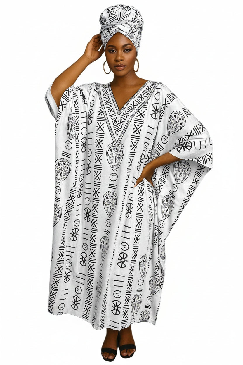 Kaftan Dress / Tribal Print White/Black KF02