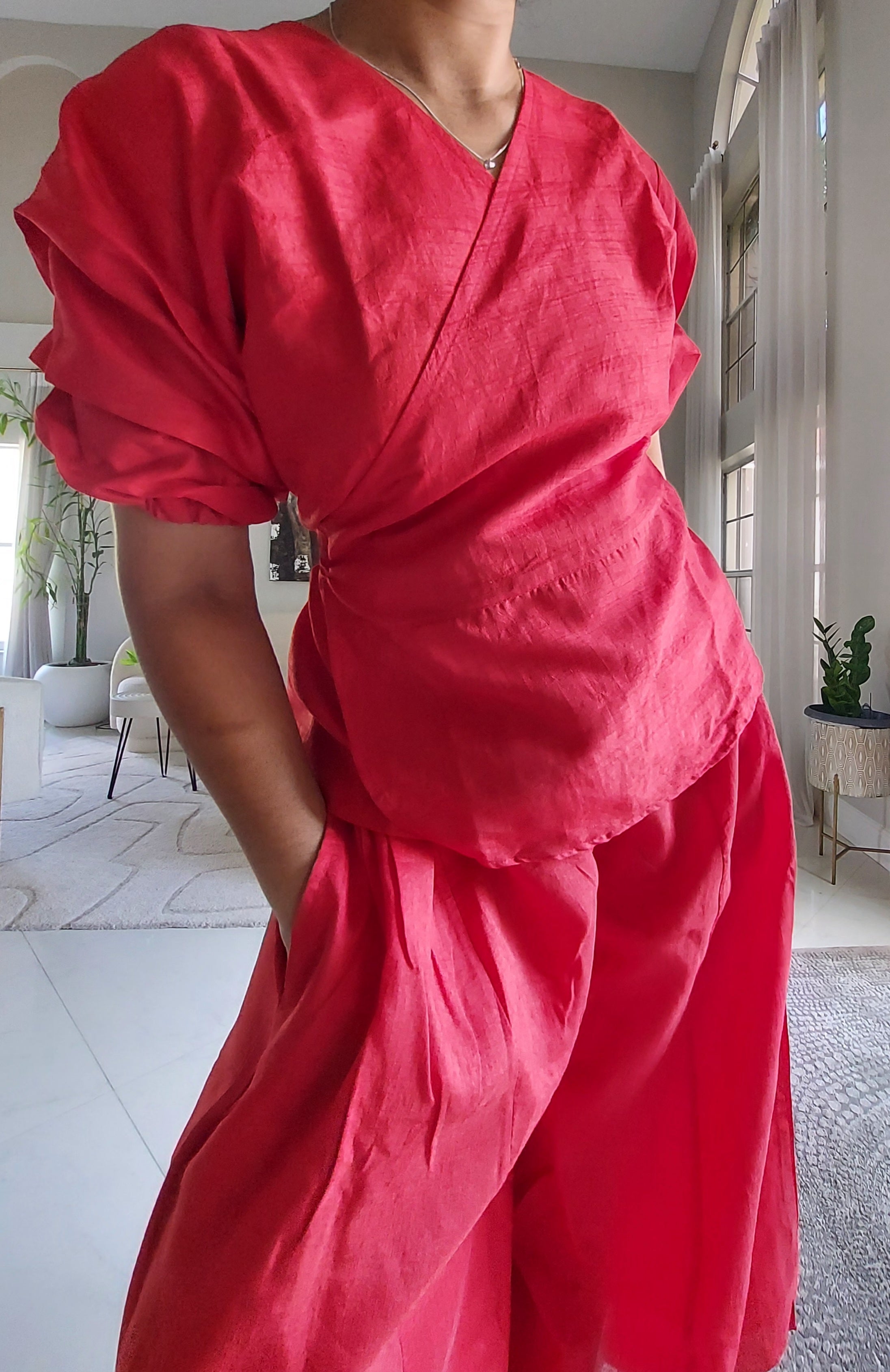 Faux Silk Palazzo Pant Set - Red 4196