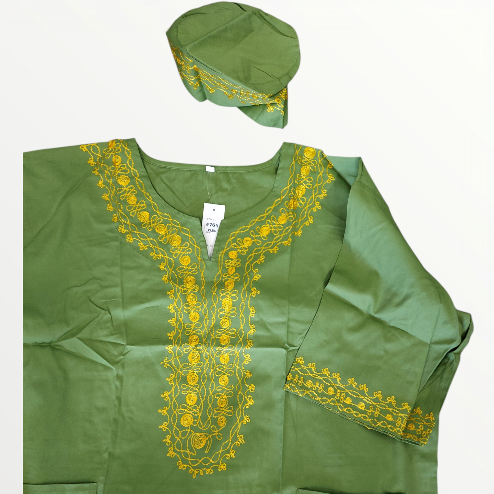 Men’s 3-Piece Embroidered Traditional Set – Kufi Hat, Tunic Shirt & Long Pant 764 Green
