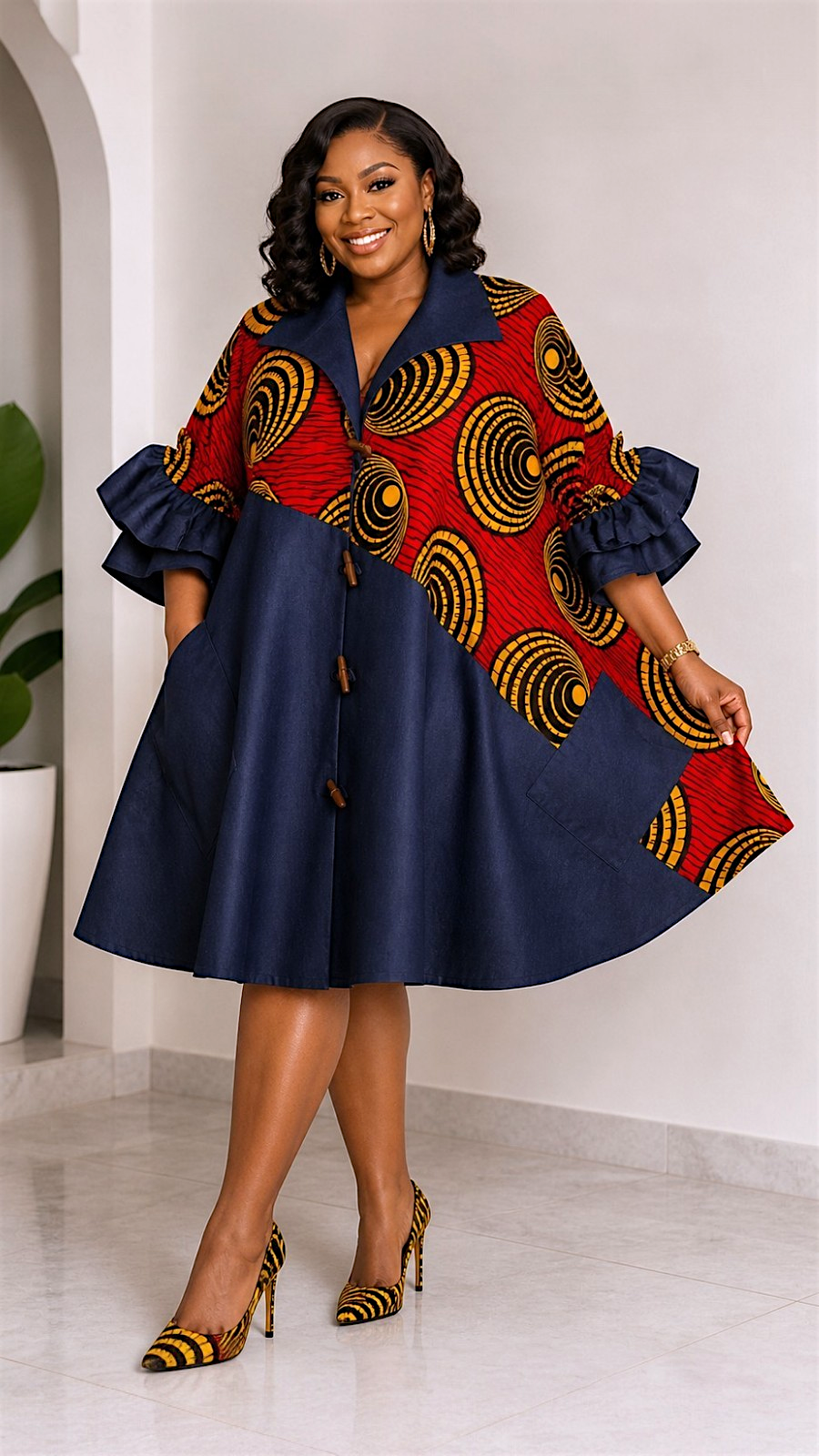 denim and african print dresses Women's African Printed Patchwork Denim Short Dress