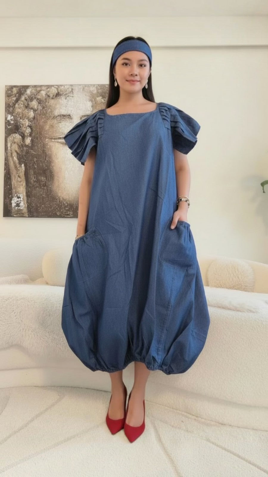 Balloon Dress/ Solid/Blue Denim- 7745