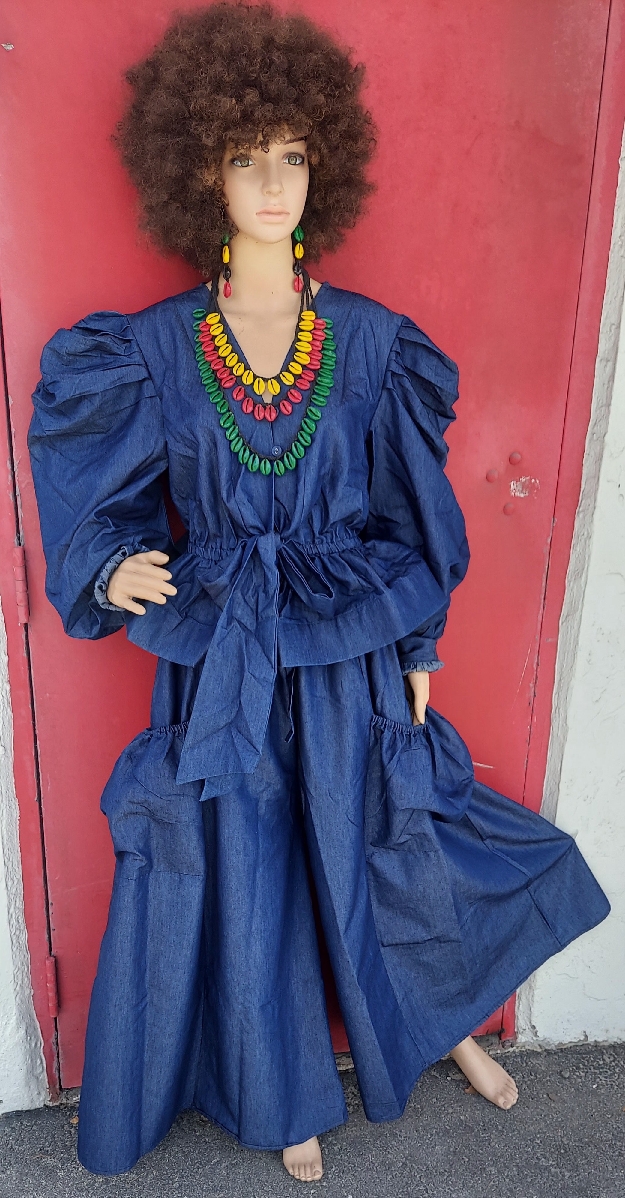 Women Set -  Denim Palazzo  Pant & Top - Indigo Blue