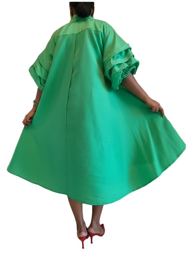 Swing Dress/ Faux Silk/ Ruffle Sleeve - Green