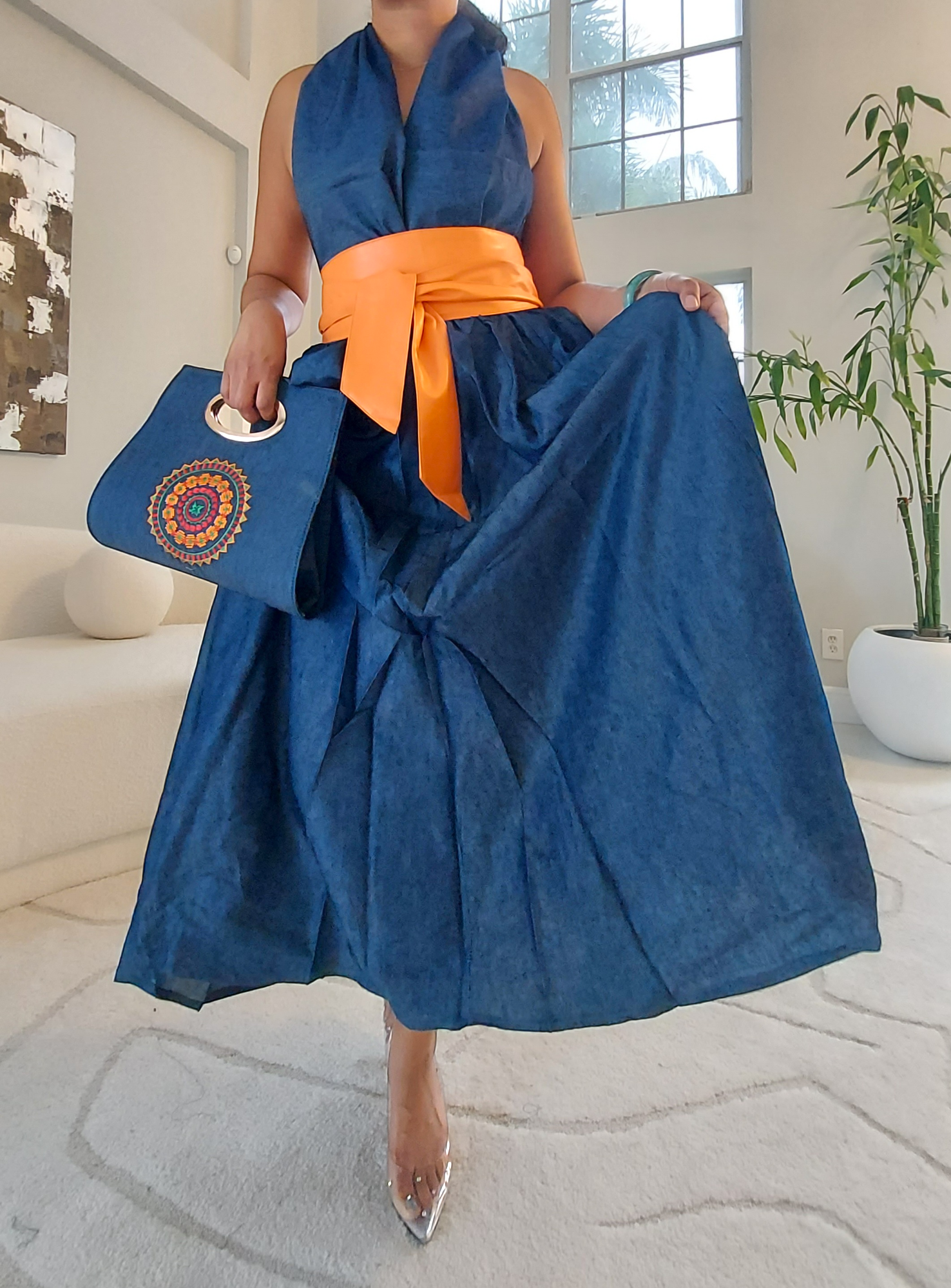 1012 Combo Long Skirt & Pocketbook Set-Blue Denim/Orange