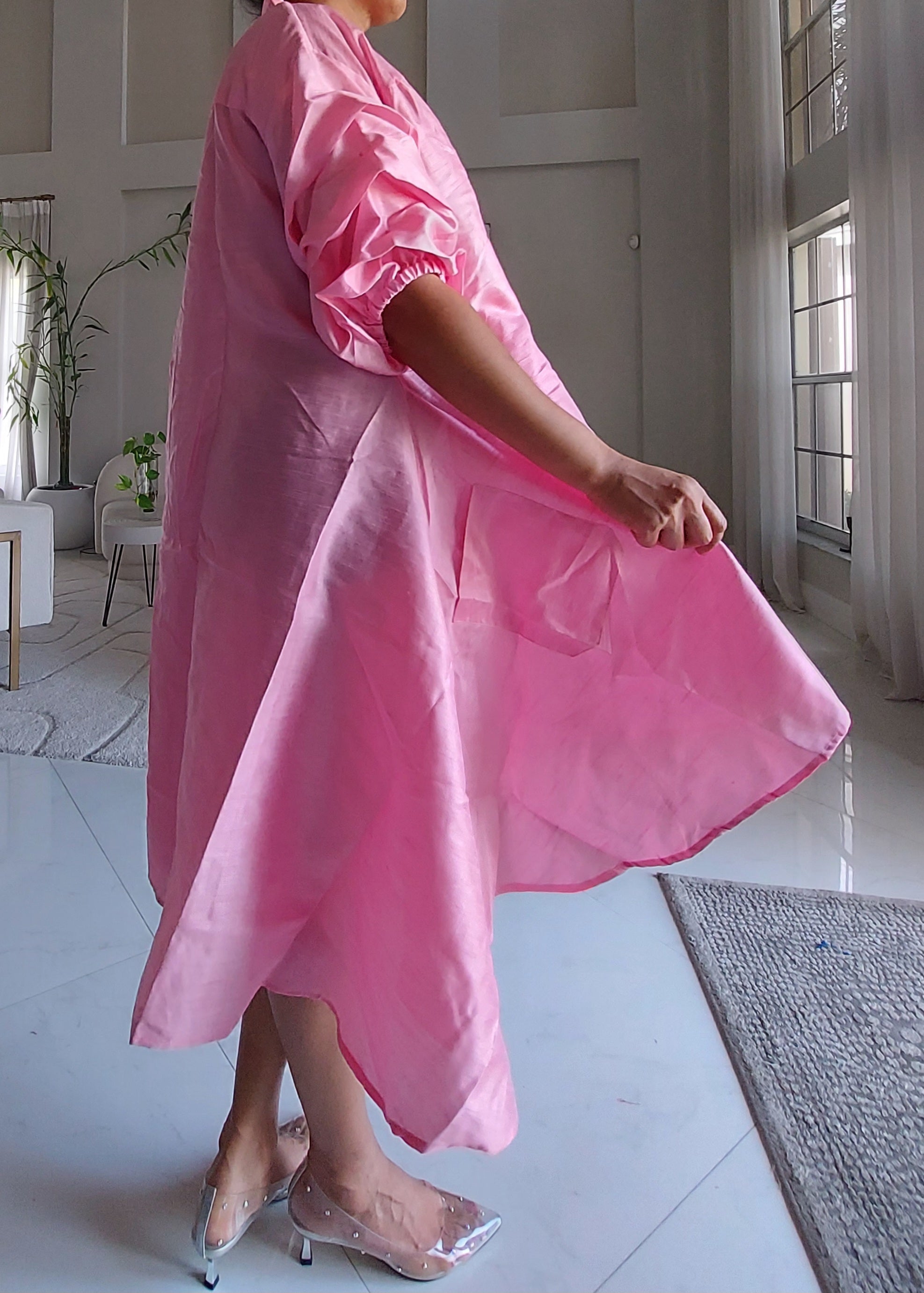 Swing Dress/ Faux Silk/ Ruffle Sleeve - 758 Light Pink