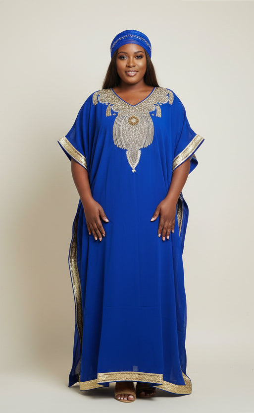 Beaded kaftan Dress & Scarf Set Royal Blue