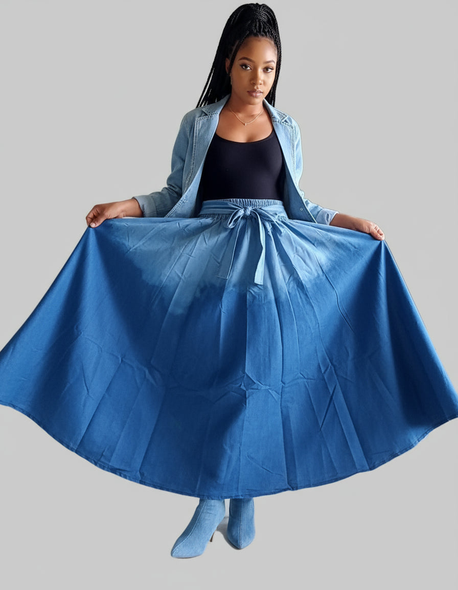 Women Denim Maxi Skirt Two Tone