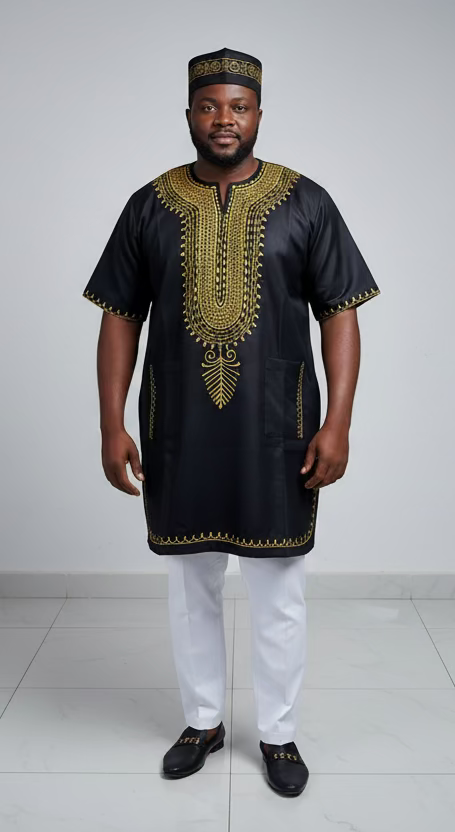 M031 Unisex kurta Embroidery Top  With Kufi Hat - Black