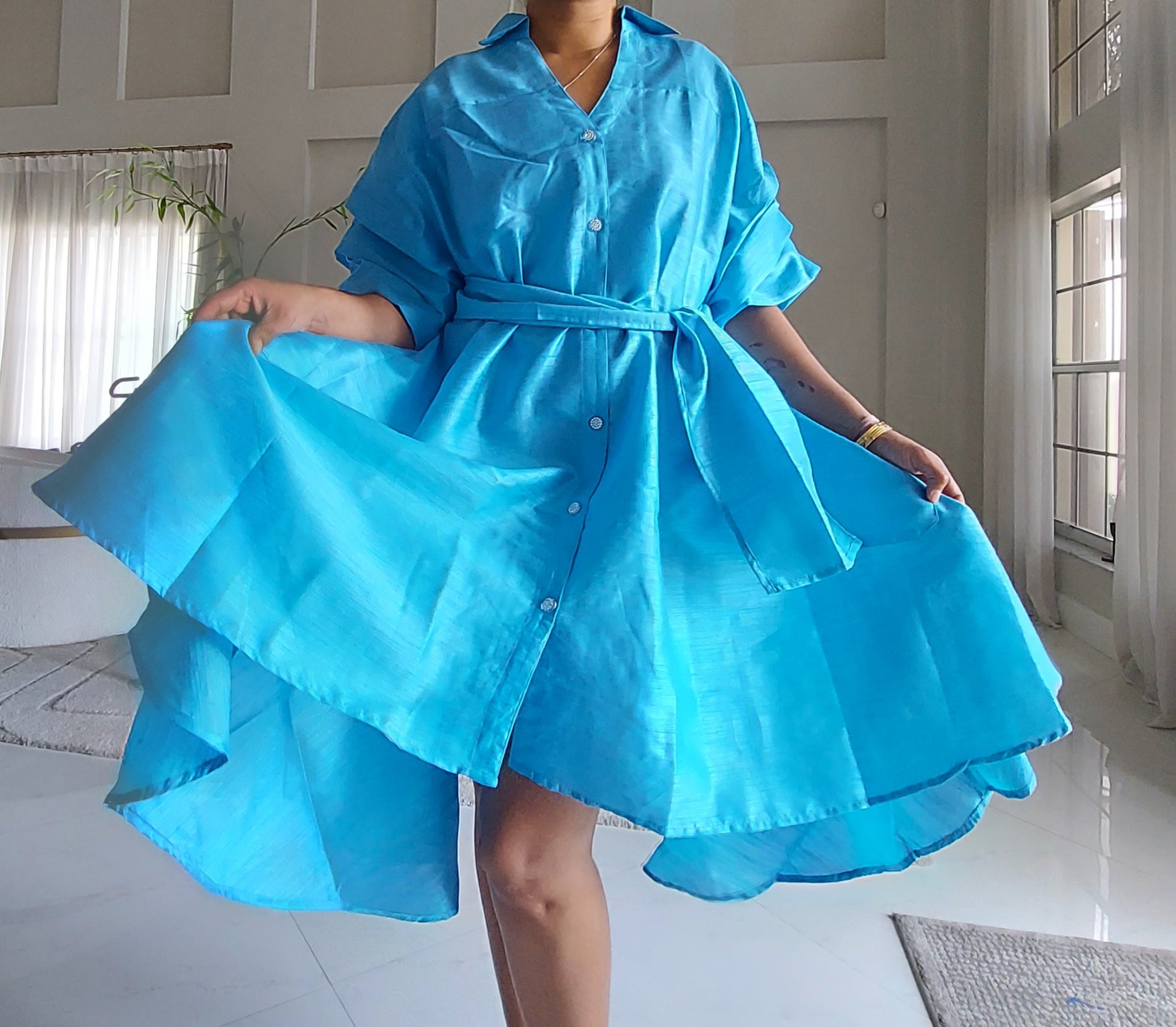 Swing Dress/ Faux Silk/ Ruffle Sleeve - 758 Light Blue