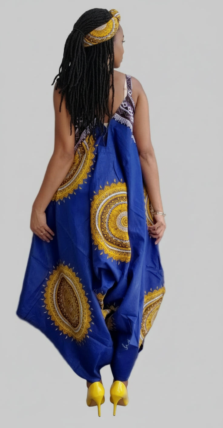 Haren Romper/ Spagetti Straps/ Printed- Royal Blue/Gold
