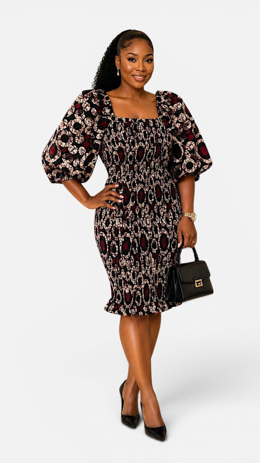 Fitted Smock Mid length Dress/-KVZ35 Brown