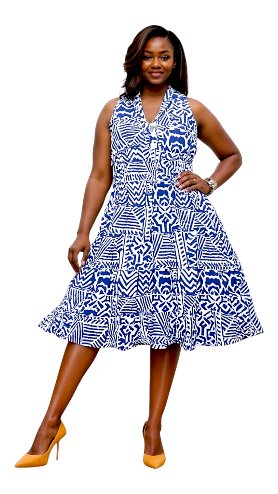 5006 - Woman's Mid-Length Smock Dress Blue/White