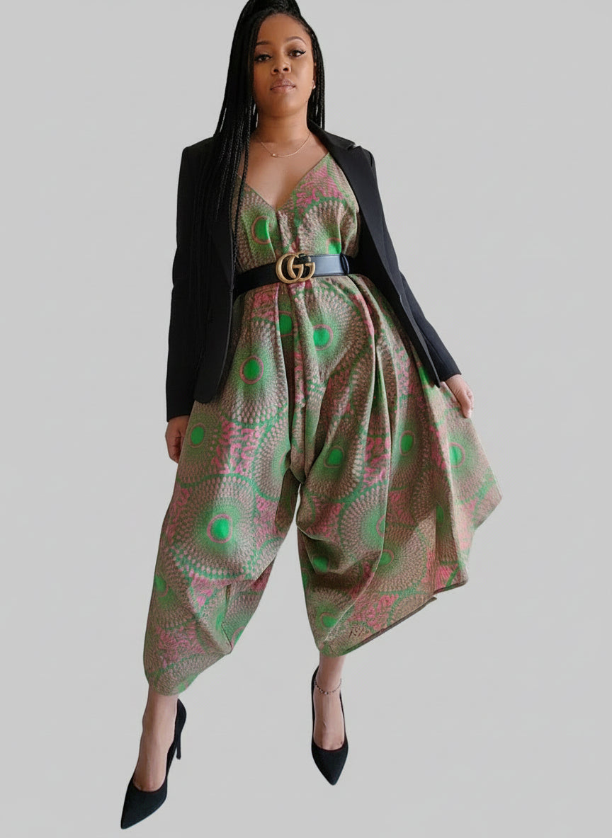 9003 - Harem Romper/Spagetti Straps/ Printed-Green/Pink