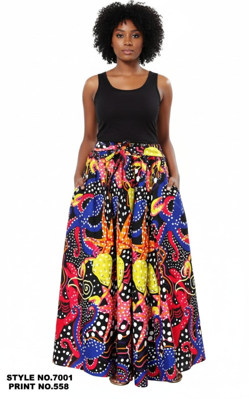 (Copy) 7001 Women Long Printed Maxi Skirt- Blue Multi Print558