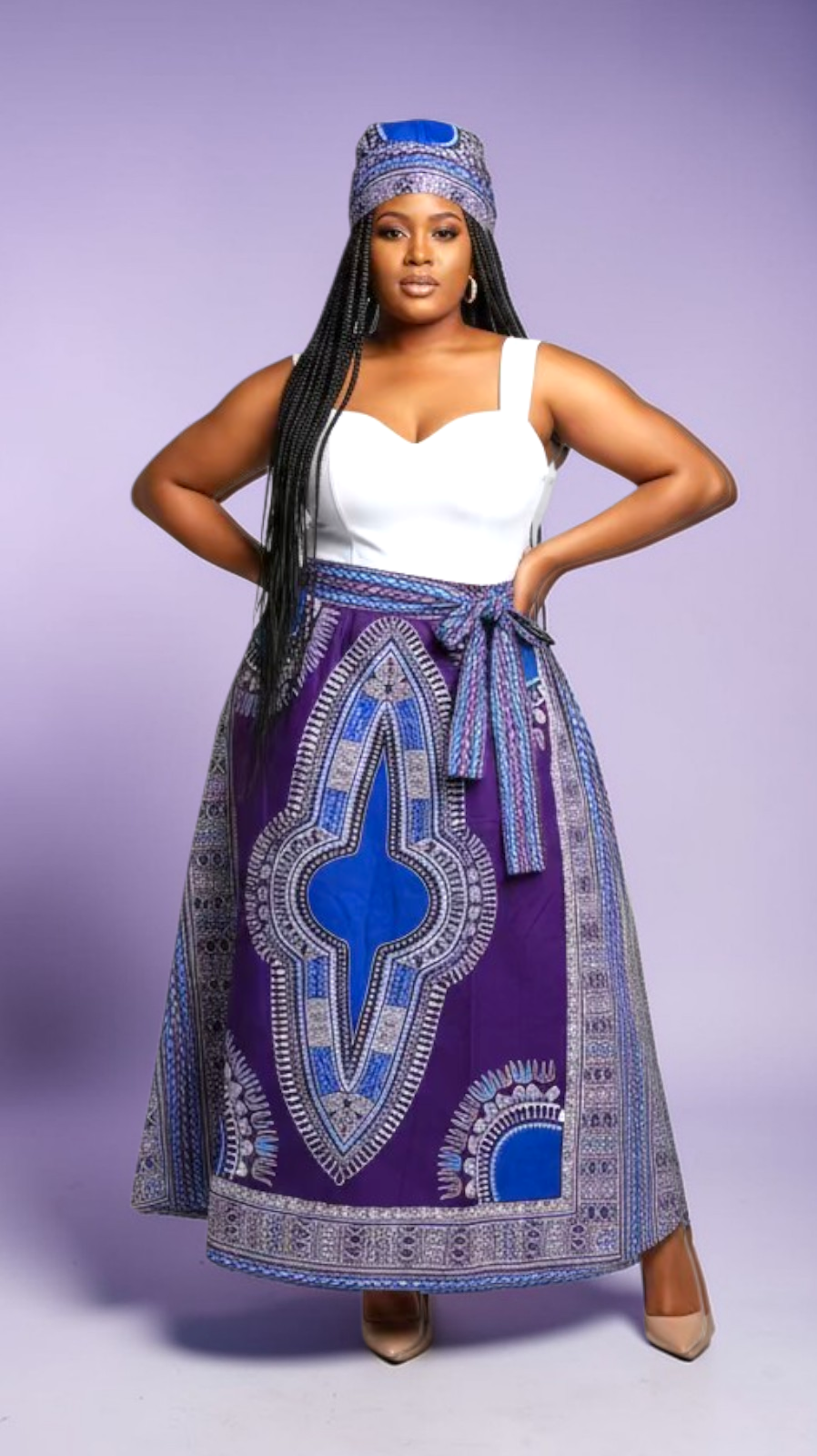 Women Long Dashiki Print Skirt - 6011D Purple/Blue