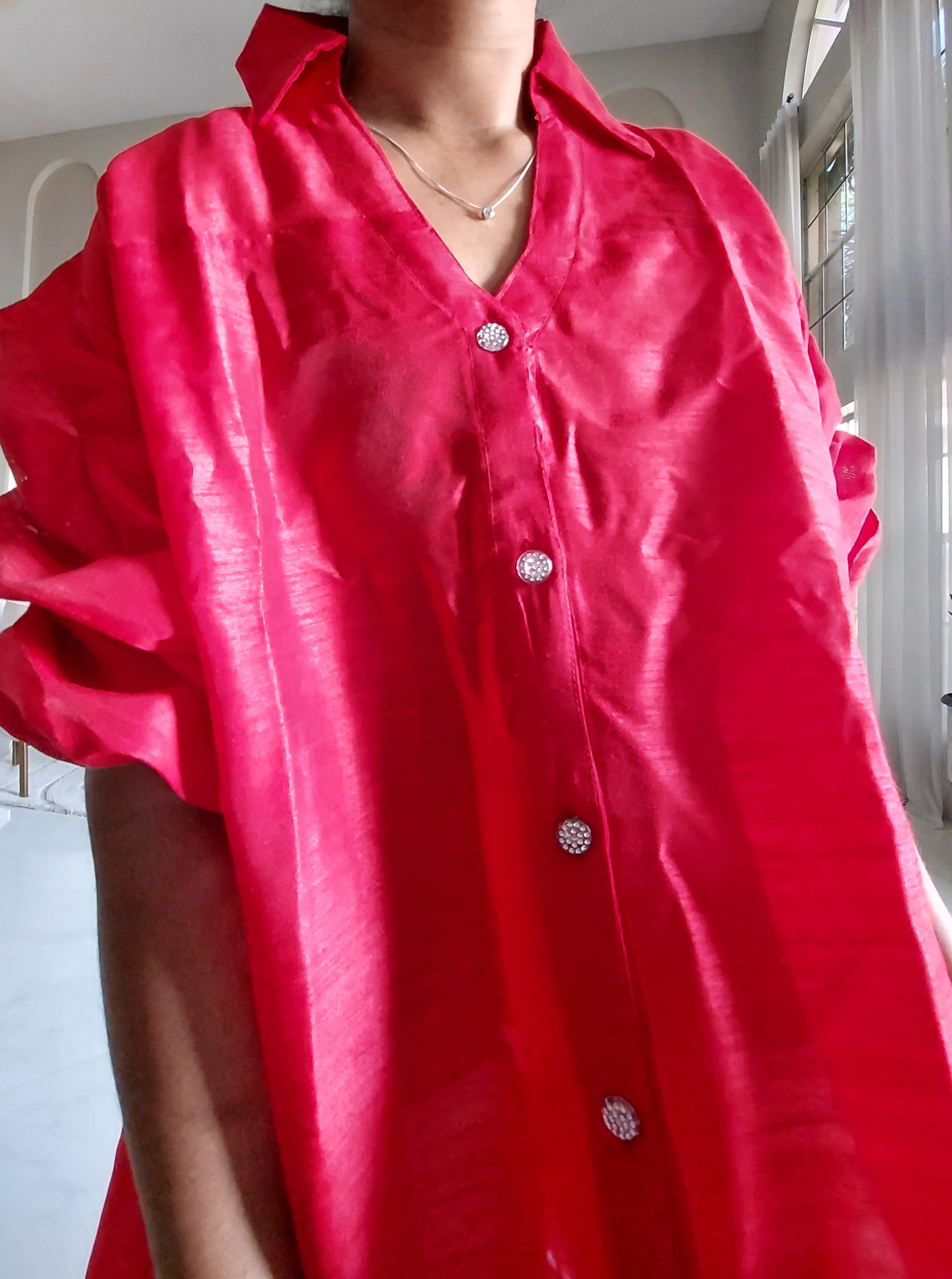 Swing Dress/ Faux Silk/ Ruffle Sleeve - 758 Red