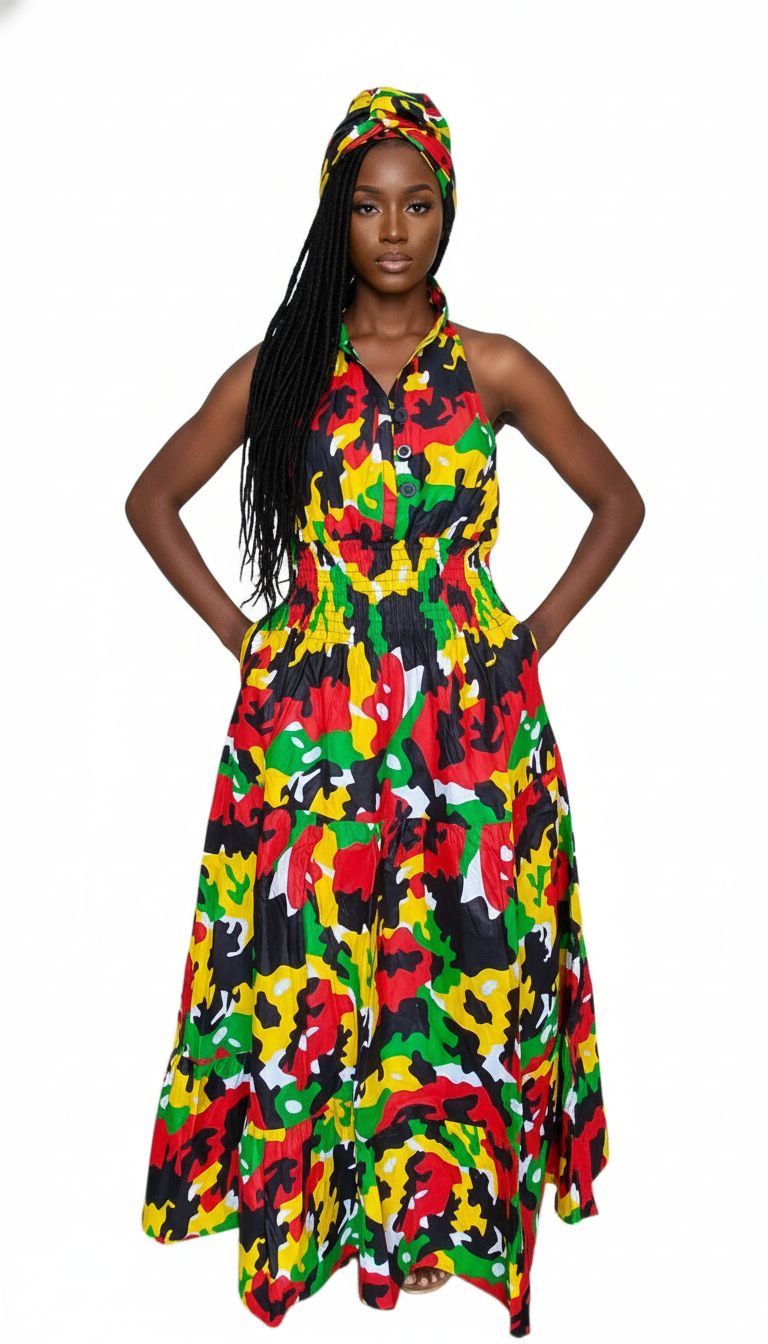 Smocked Halter Dress With Scarf Army Rasta - 3028L
