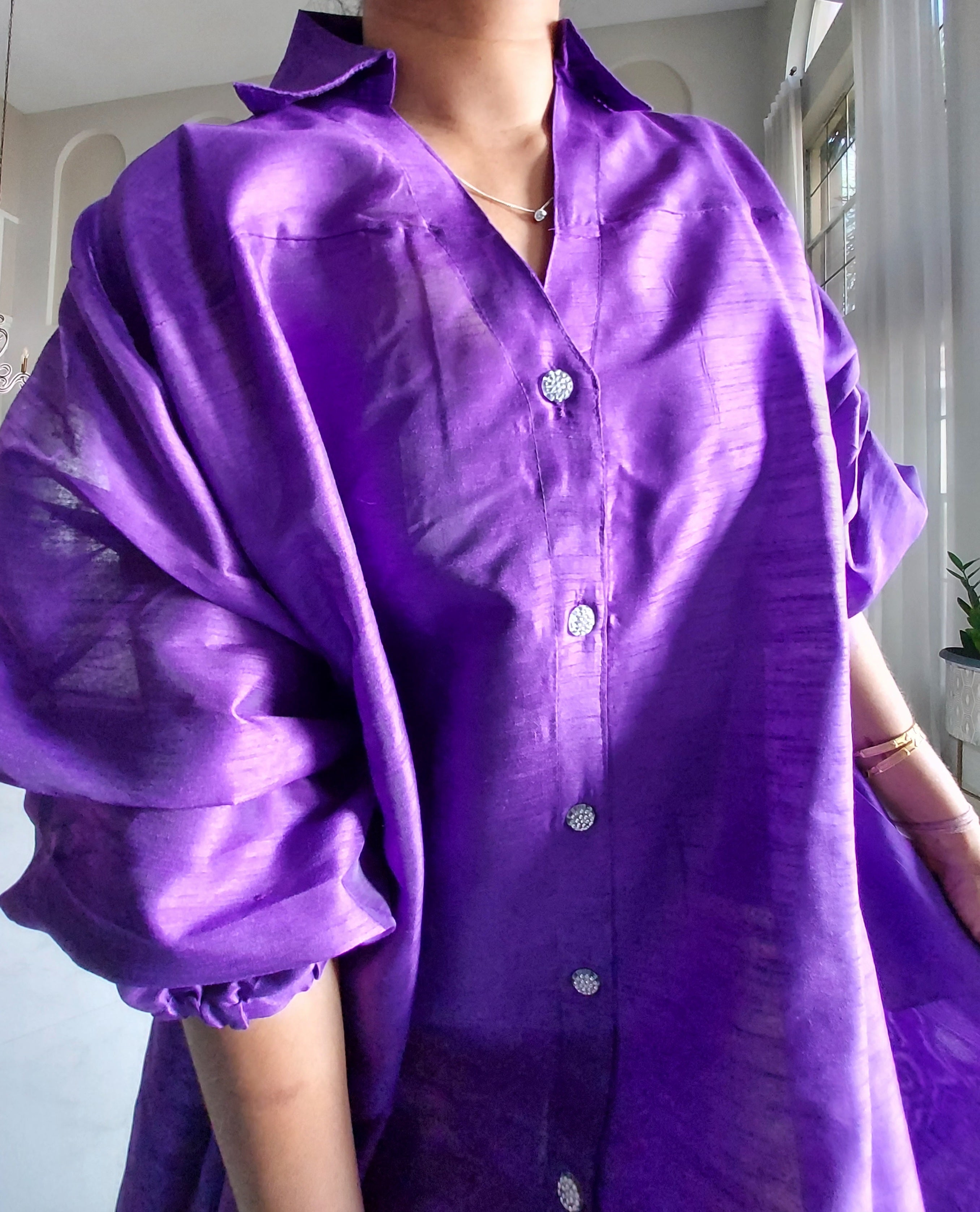 Swing Dress/ Faux Silk/ Ruffle Sleeve - Purple
