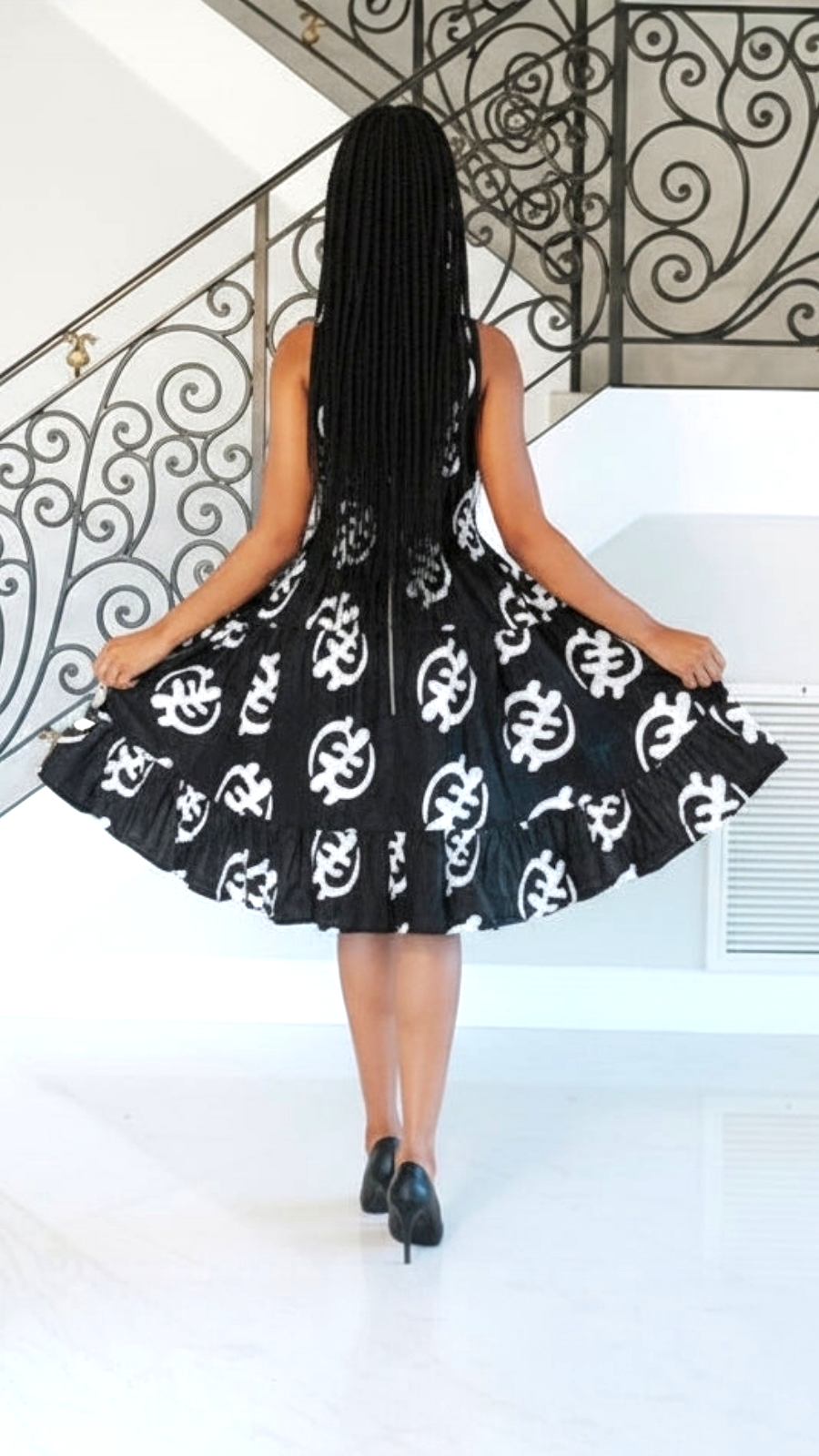 Woman's Mid-Length Smock Dress- 3028 Gye Nyame Print
