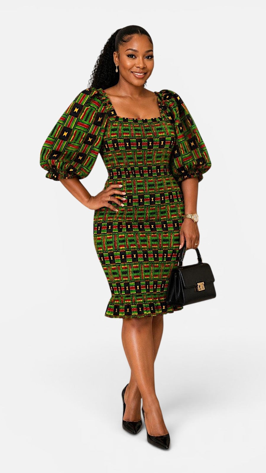Fitted Smock Mid length Dress/ Puff Sleeve- KVC35 Green